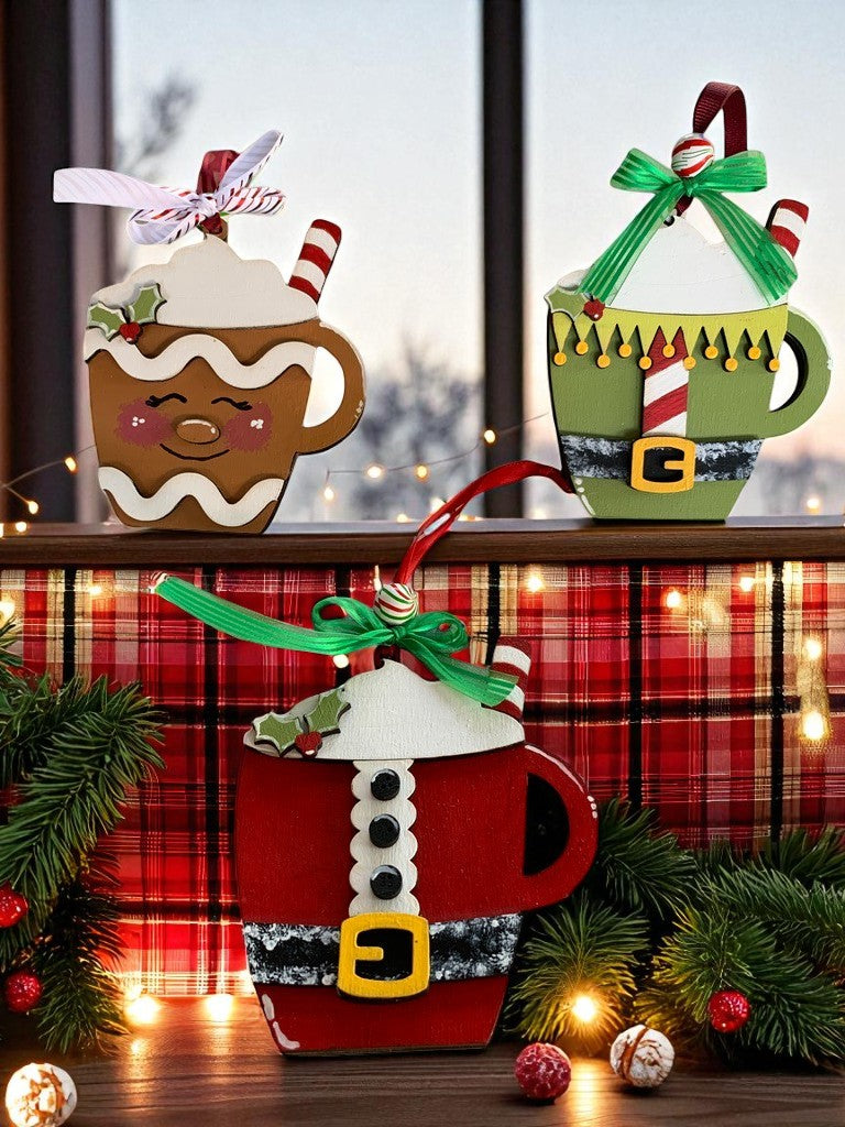 Holiday Mug Gift Card Holders – Santa, Elf, & Gingerbread Wooden Ornaments