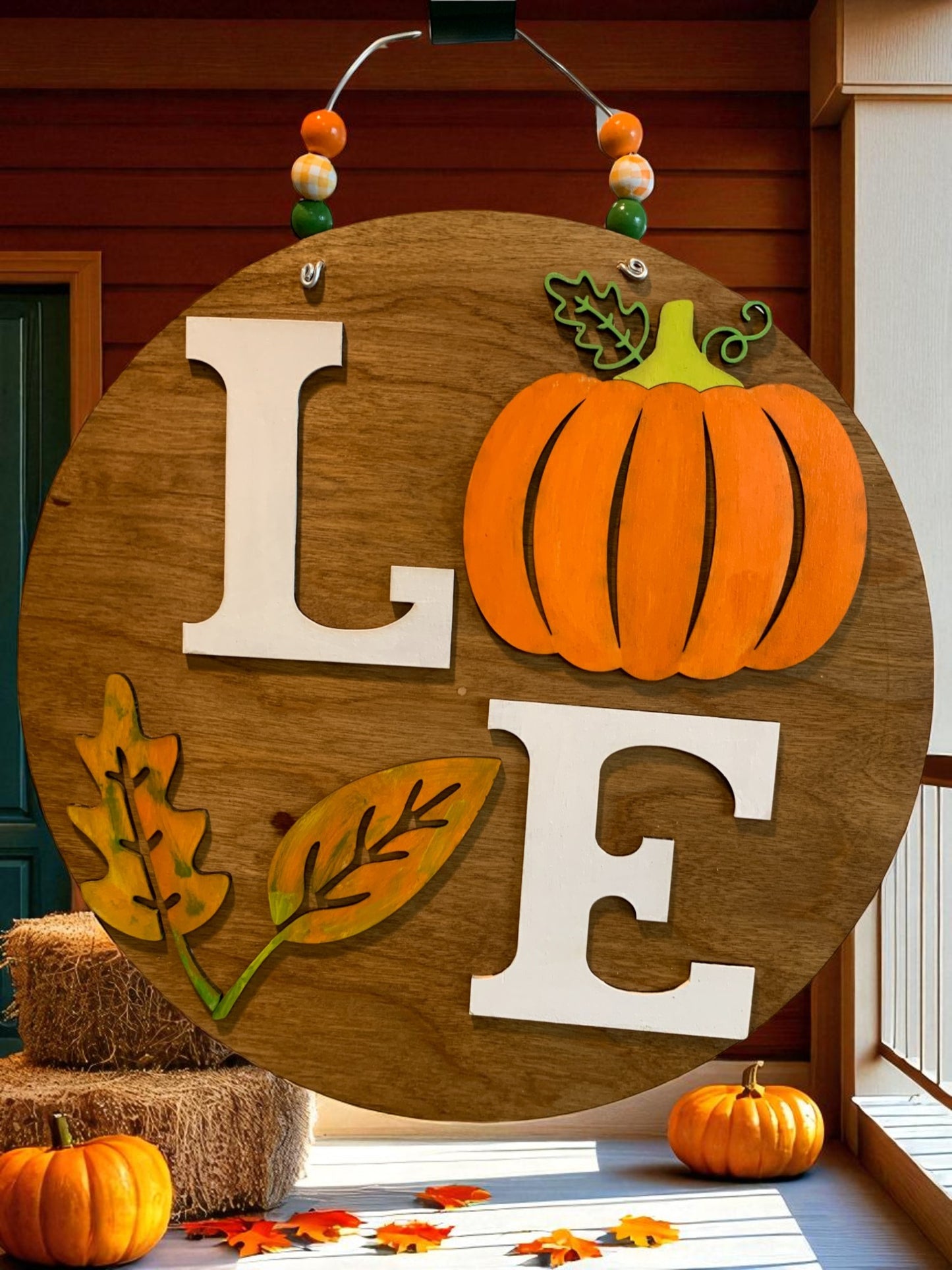 LOVE Pumpkin Fall Door Hanger – Rustic Farmhouse Autumn Porch Sign
