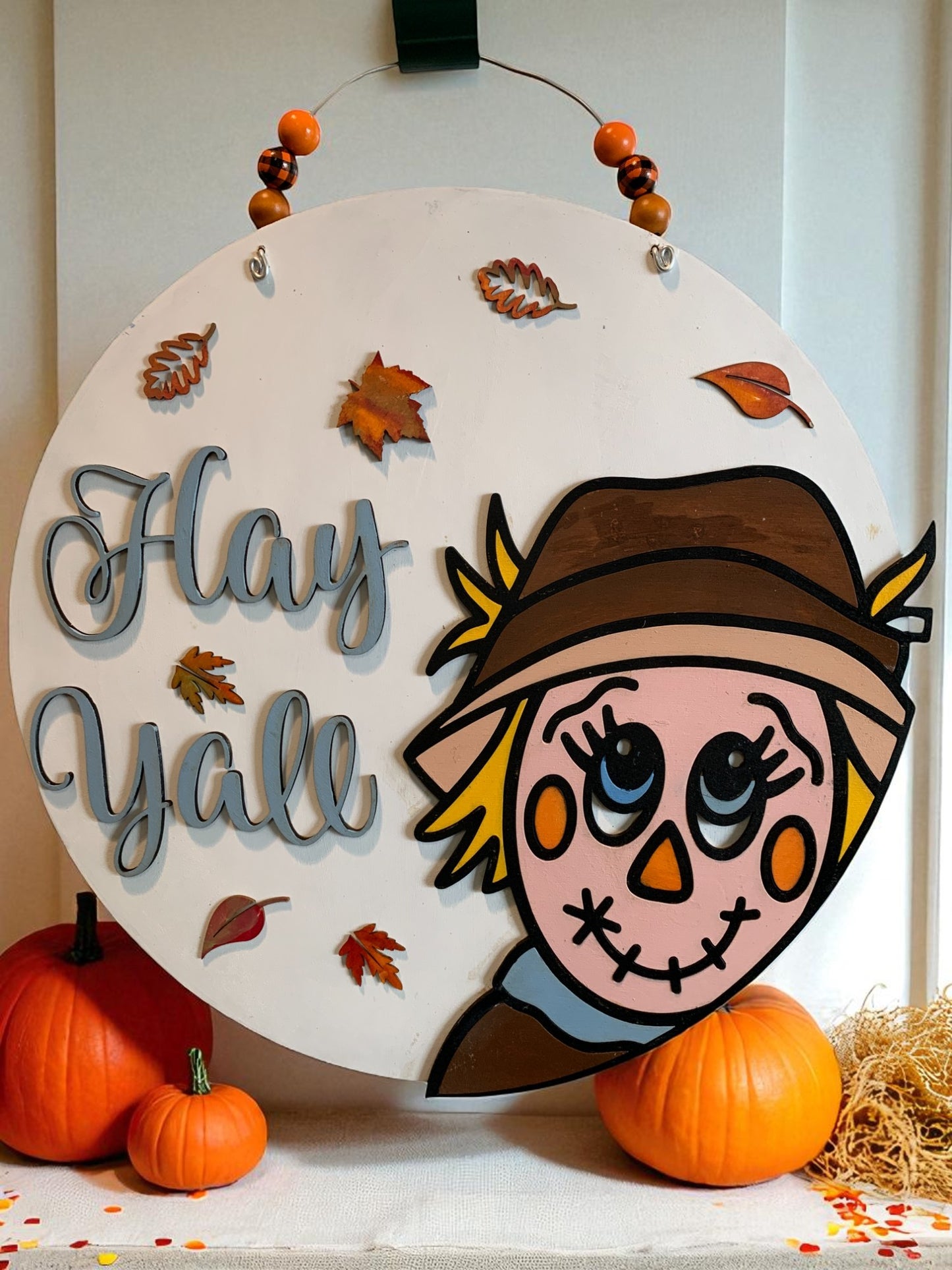 Hay Y’all Scarecrow Fall Door Hanger – Rustic Farmhouse Autumn Porch Sign