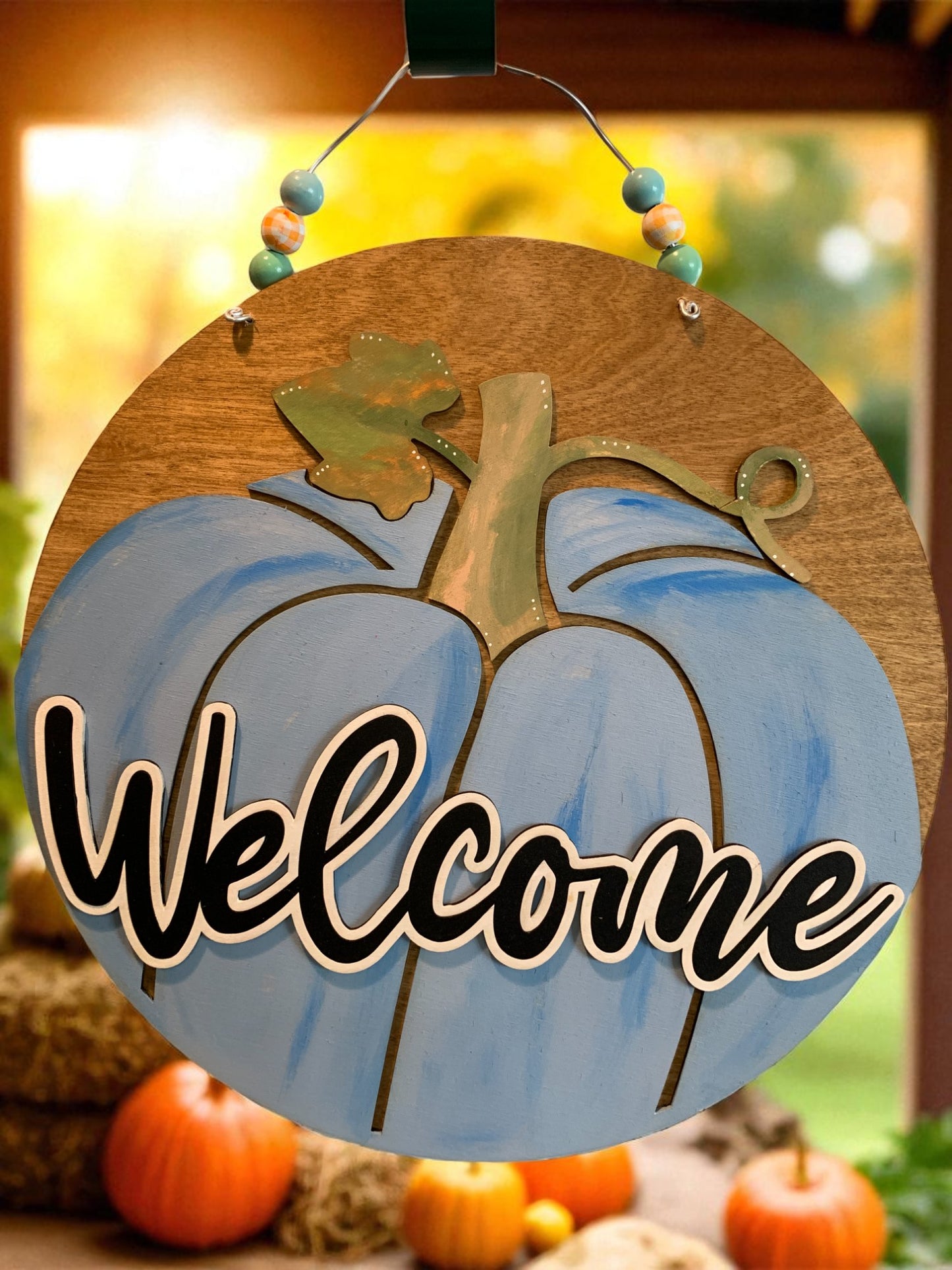 Welcome Pumpkin Wooden Sign – Rustic Fall Door Hanger – Handmade Autumn Porch Deco