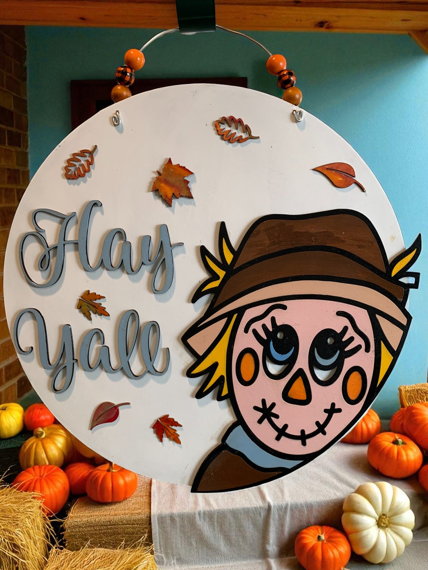 Hay Y’all Scarecrow Fall Door Hanger – Rustic Farmhouse Autumn Porch Sign