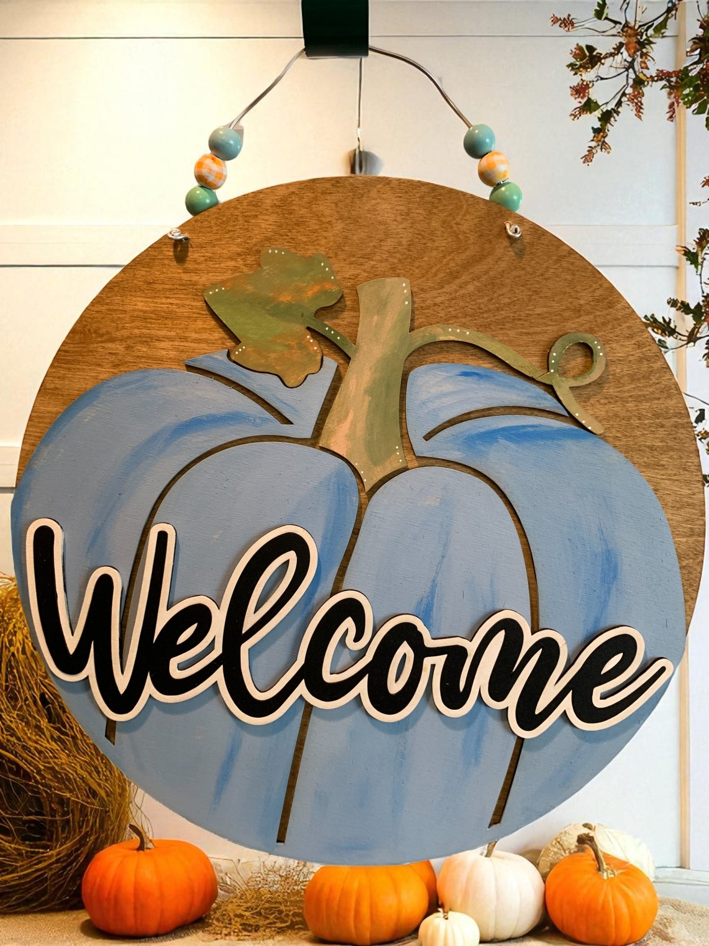 Welcome Pumpkin Wooden Sign – Rustic Fall Door Hanger – Handmade Autumn Porch Deco