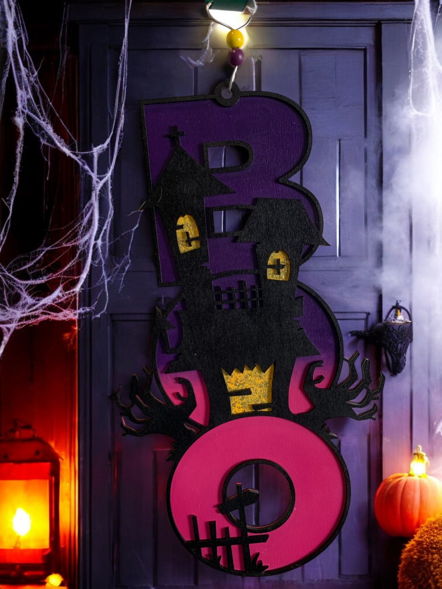 Haunted House BOO Sign – Wooden Halloween Door Hanger – Handmade Spooky Porch & Wall Décor