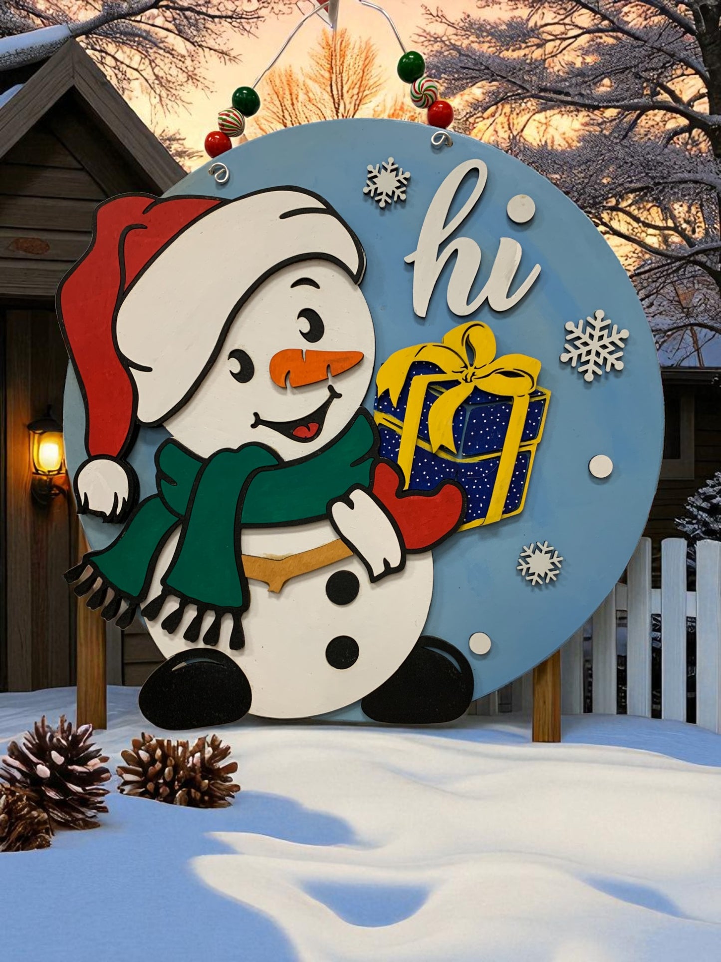 Handmade Snowman Welcome Sign – Festive Christmas Door Decor with Gift and Snowflakes