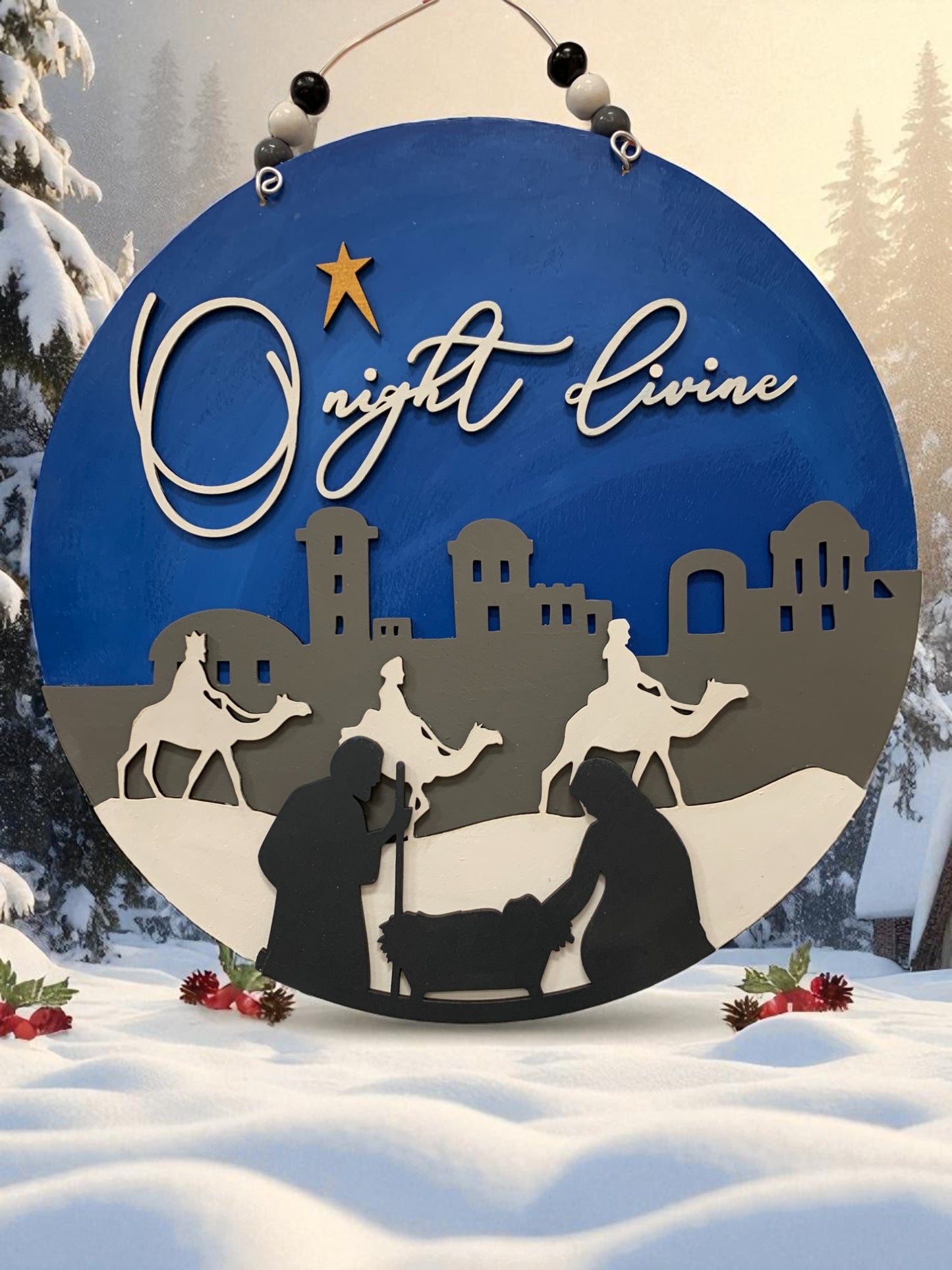 O Night Divine Nativity Scene Sign – Christian Christmas Wall Decor – Handmade Layered Wood Holiday Sign