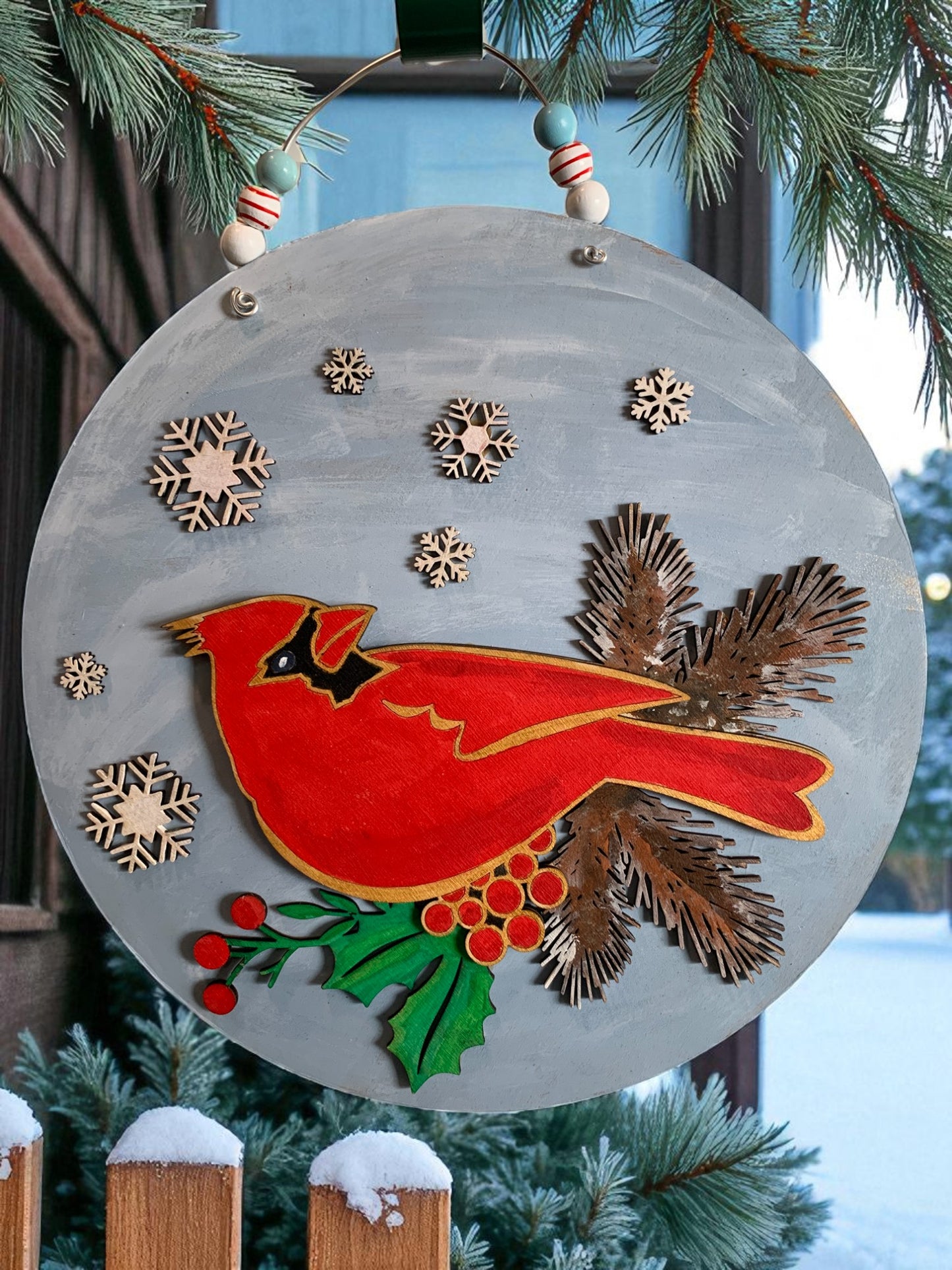 Handmade Winter Cardinal Sign – Rustic Christmas Wall Decor with Snowflakes