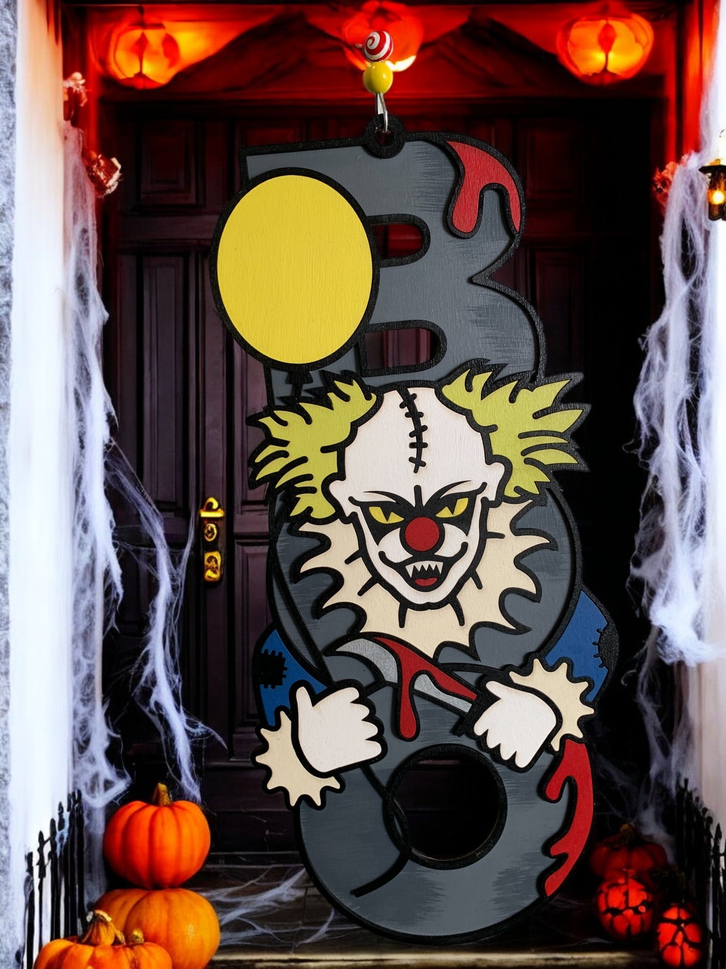 Creepy Clown BOO Sign – Wooden Halloween Door Hanger – Handmade Horror Porch & Wall Decor