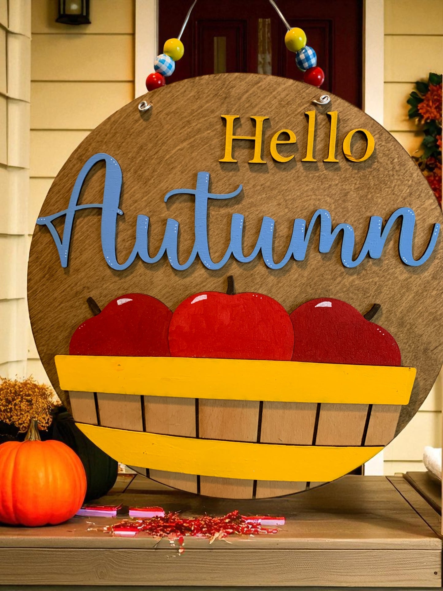 Hello Autumn Wooden Sign – Rustic Apple Basket Fall Door Hanger – Handmade Farmhouse Front Porch Decor