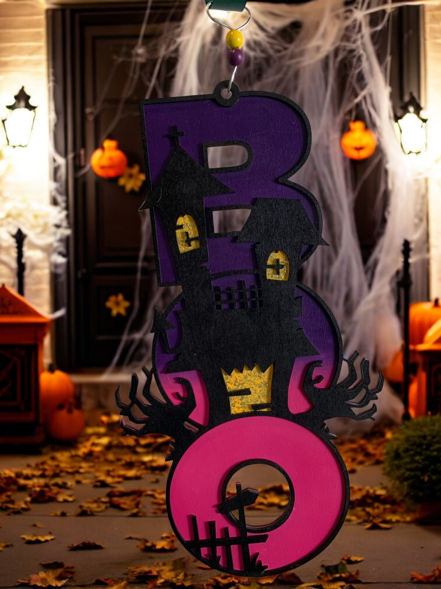 Haunted House BOO Sign – Wooden Halloween Door Hanger – Handmade Spooky Porch & Wall Décor