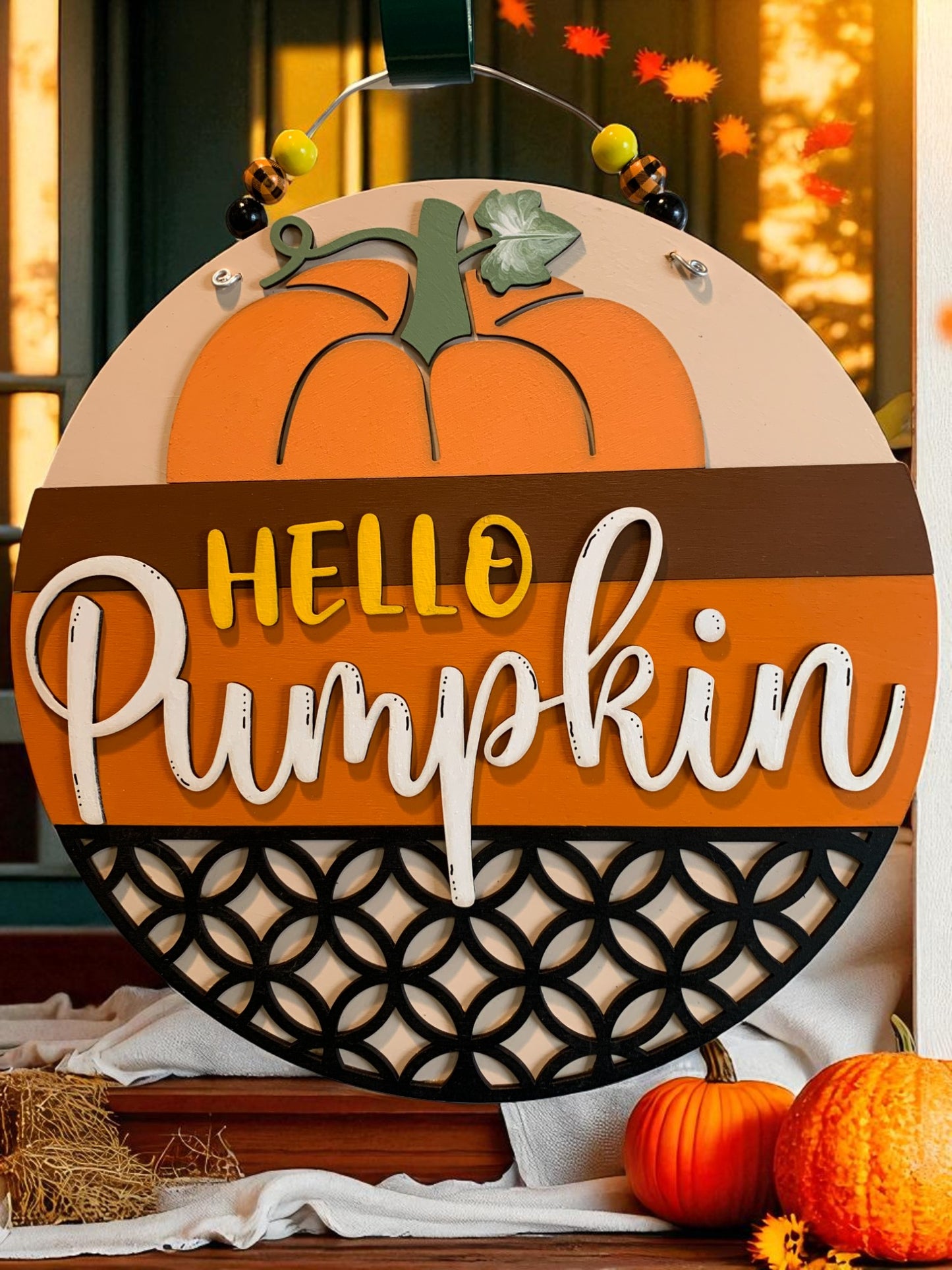 Hello Pumpkin Wooden Fall Sign – Rustic Autumn Front Door or Porch Décor