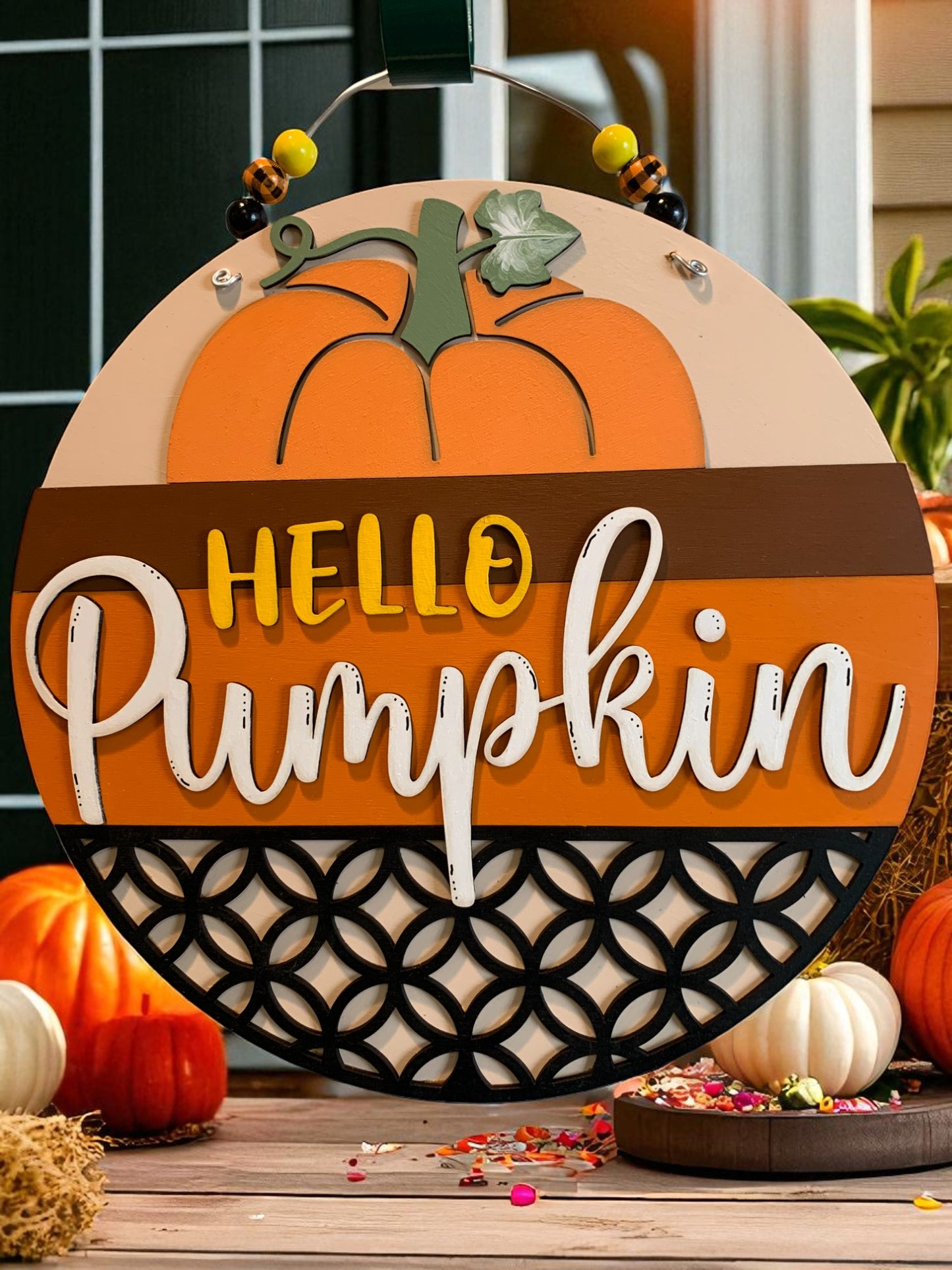 Hello Pumpkin Wooden Fall Sign – Rustic Autumn Front Door or Porch Décor