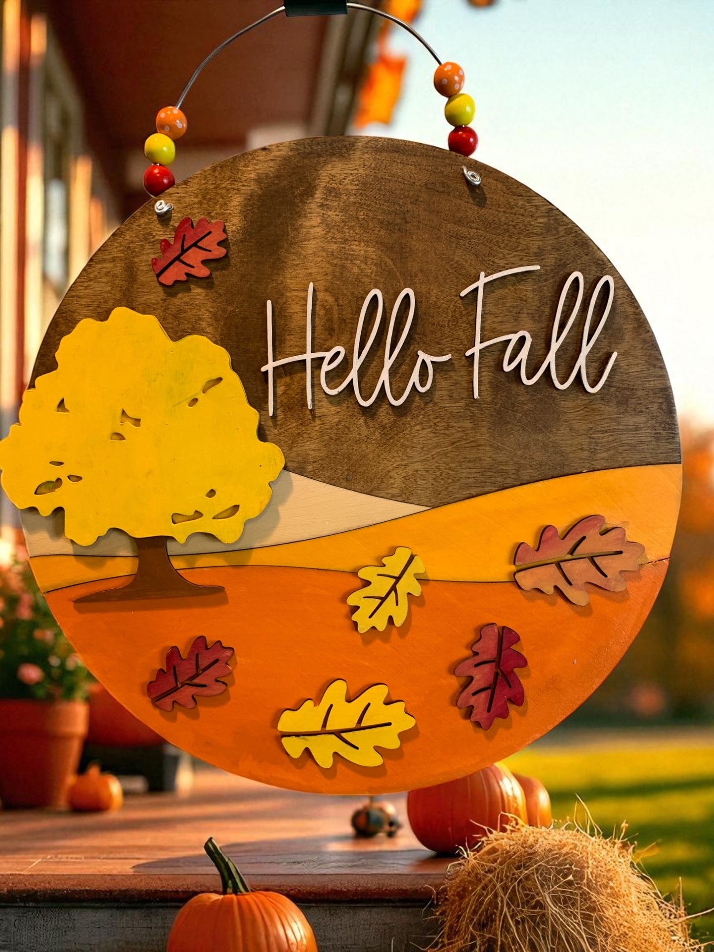 Hello Fall Wooden Sign with Tree and Leaves – Handcrafted Autumn Wall Décor – Rustic Fall Porch Accent