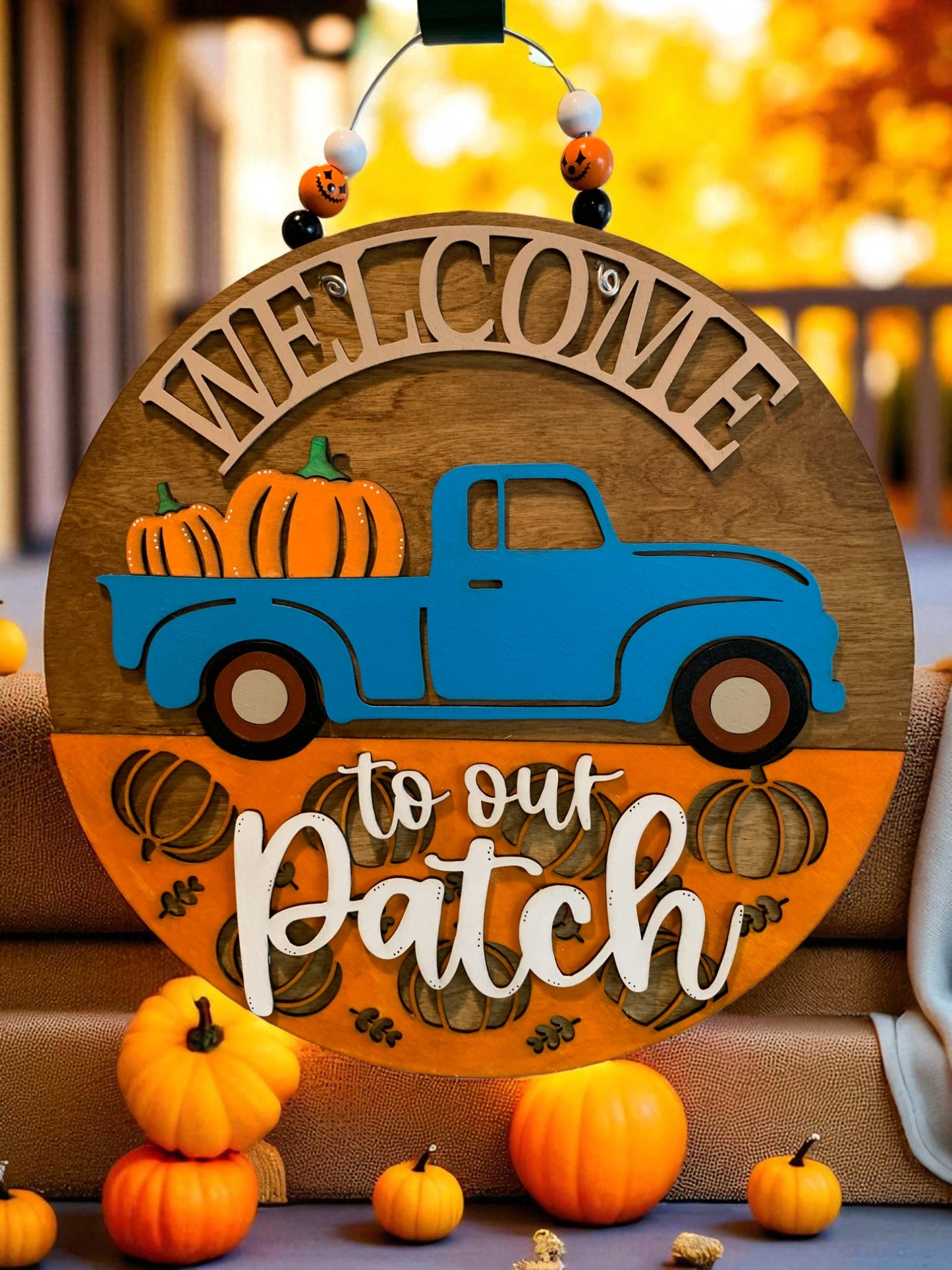 Welcome to Our Patch Fall Sign – Blue Truck Pumpkin Door Hanger – Rustic Farmhouse Wall Decor