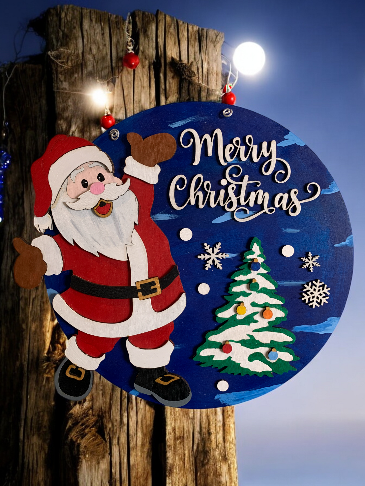 Handmade Santa Christmas Wall Sign β 3D Wooden Round Holiday Decor with Tree & Snowflakes