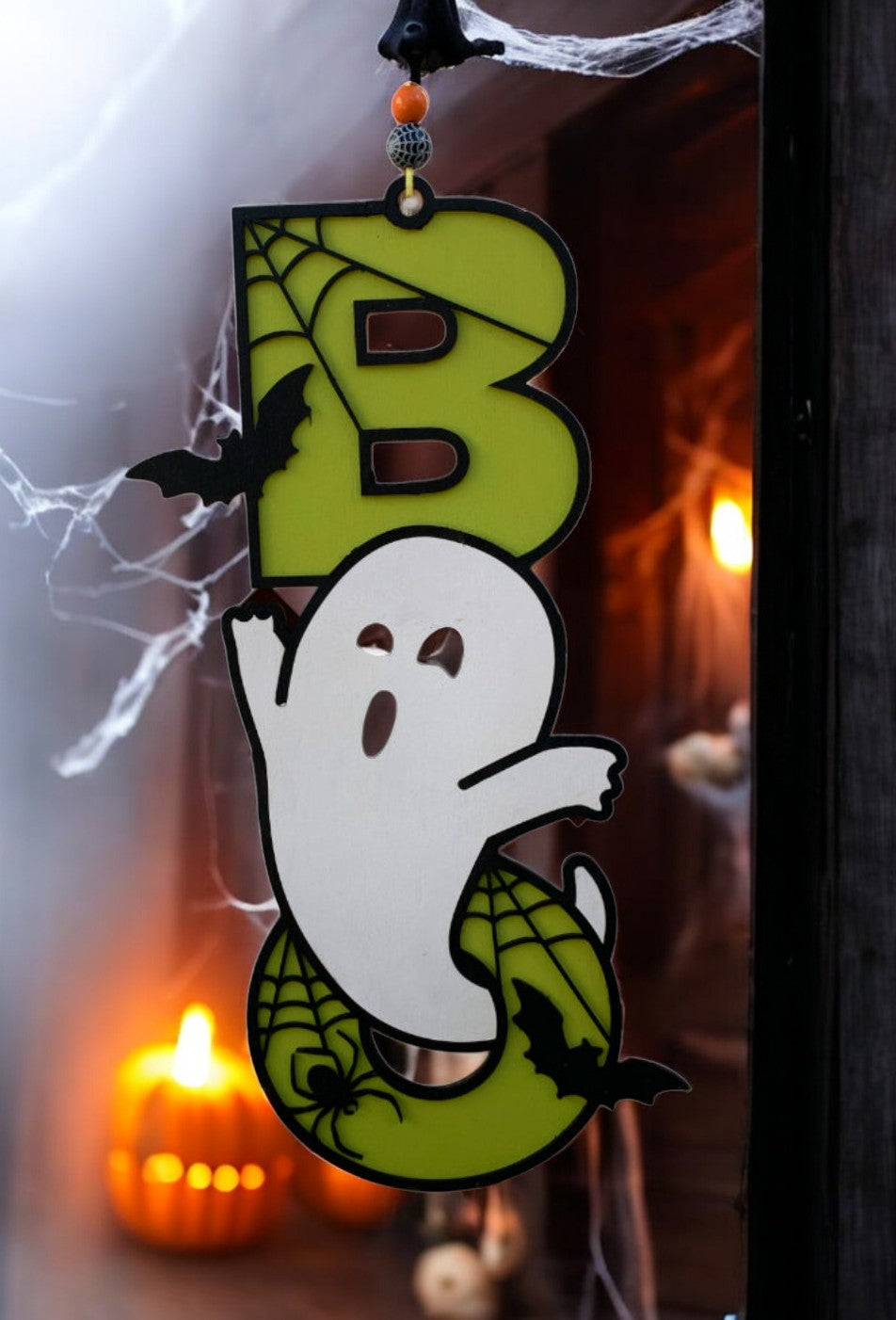 Halloween Ghost Door Hanger – Wooden “BOO” Sign with Spooky Bats & Cobwebs – Handmade Halloween Decor