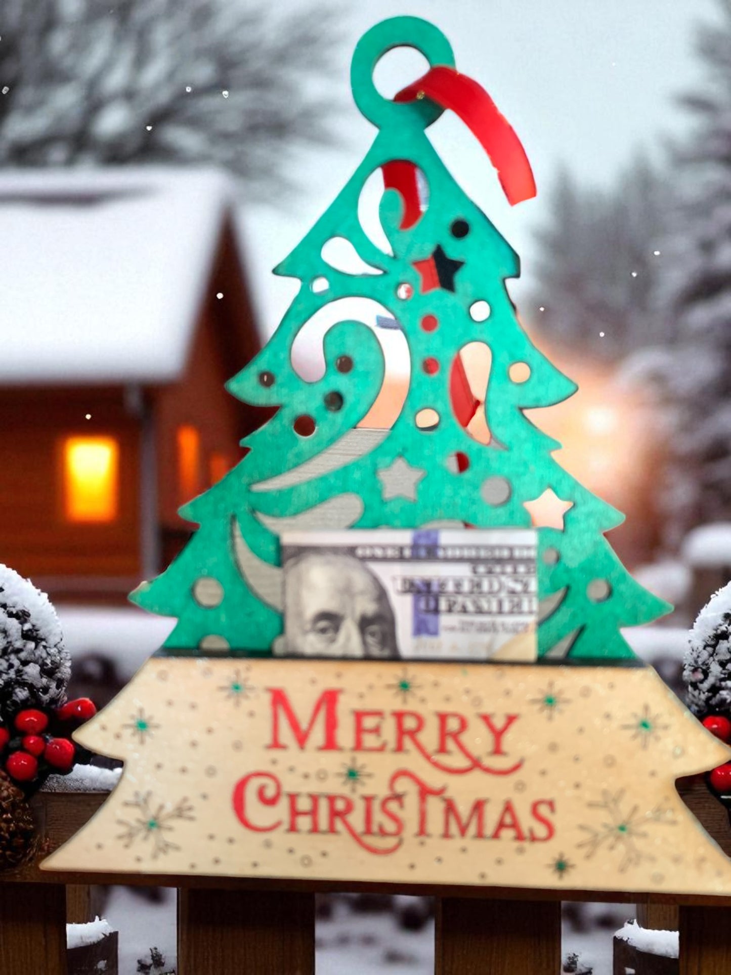 Christmas Tree Money Holder – Handmade Wooden Cash Gift Ornament with Ribbon for Holiday Giving