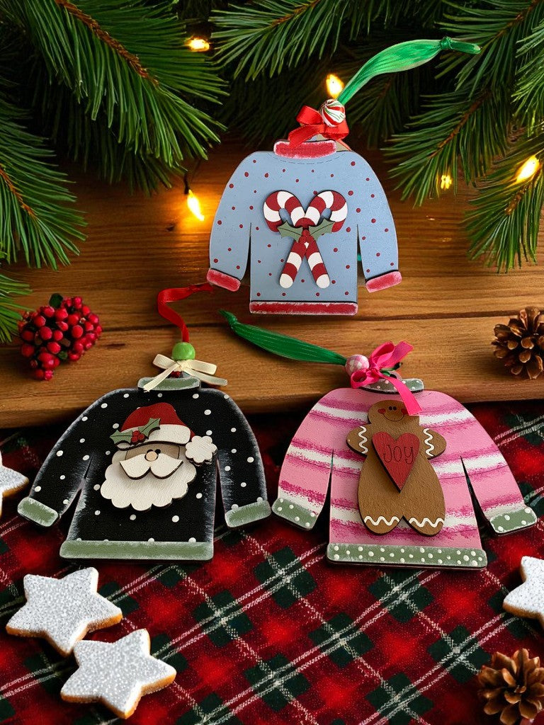 Ugly Sweater Christmas Ornaments β Handmade Wooden Holiday Decor for Trees, Stockings & Gifting