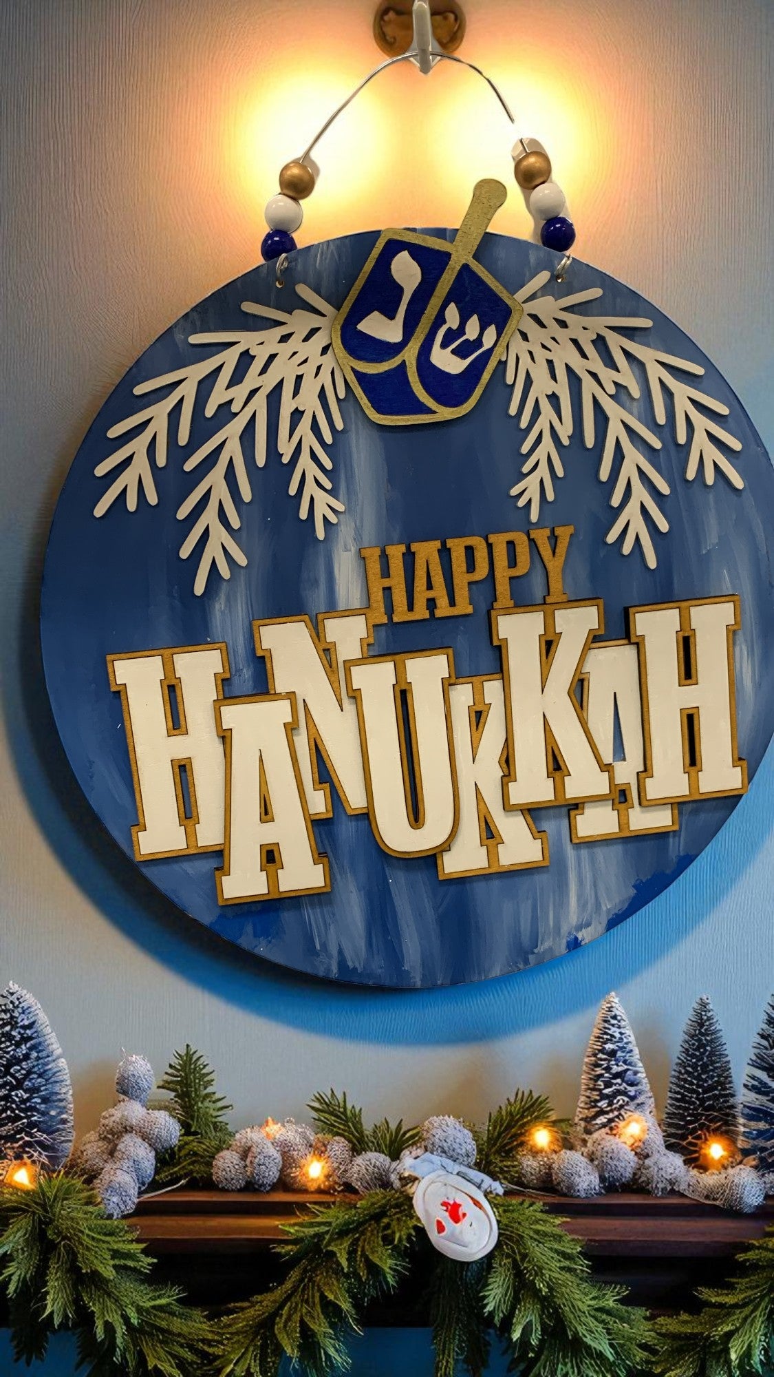 Happy Hanukkah Door Sign – Wooden Dreidel Wall Hanging, Rustic Blue Jewish Holiday Decor