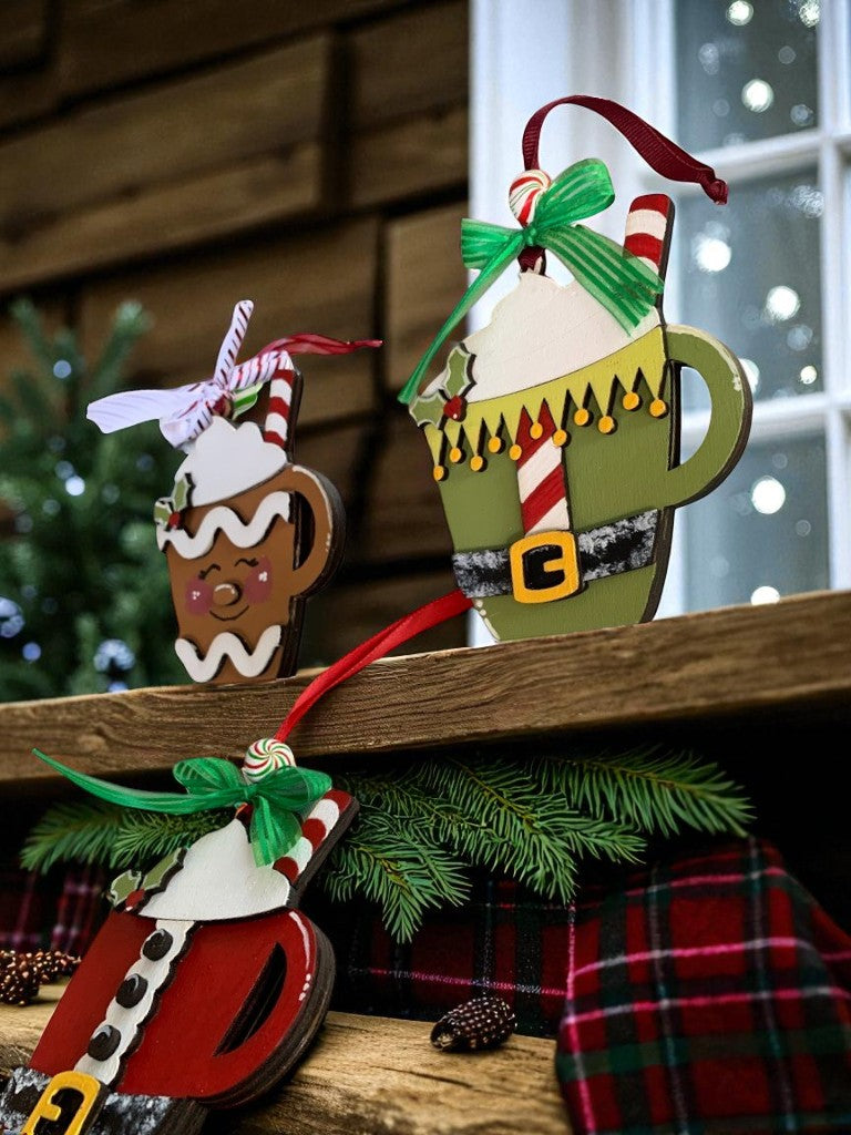 Holiday Mug Gift Card Holders – Santa, Elf, & Gingerbread Wooden Ornaments