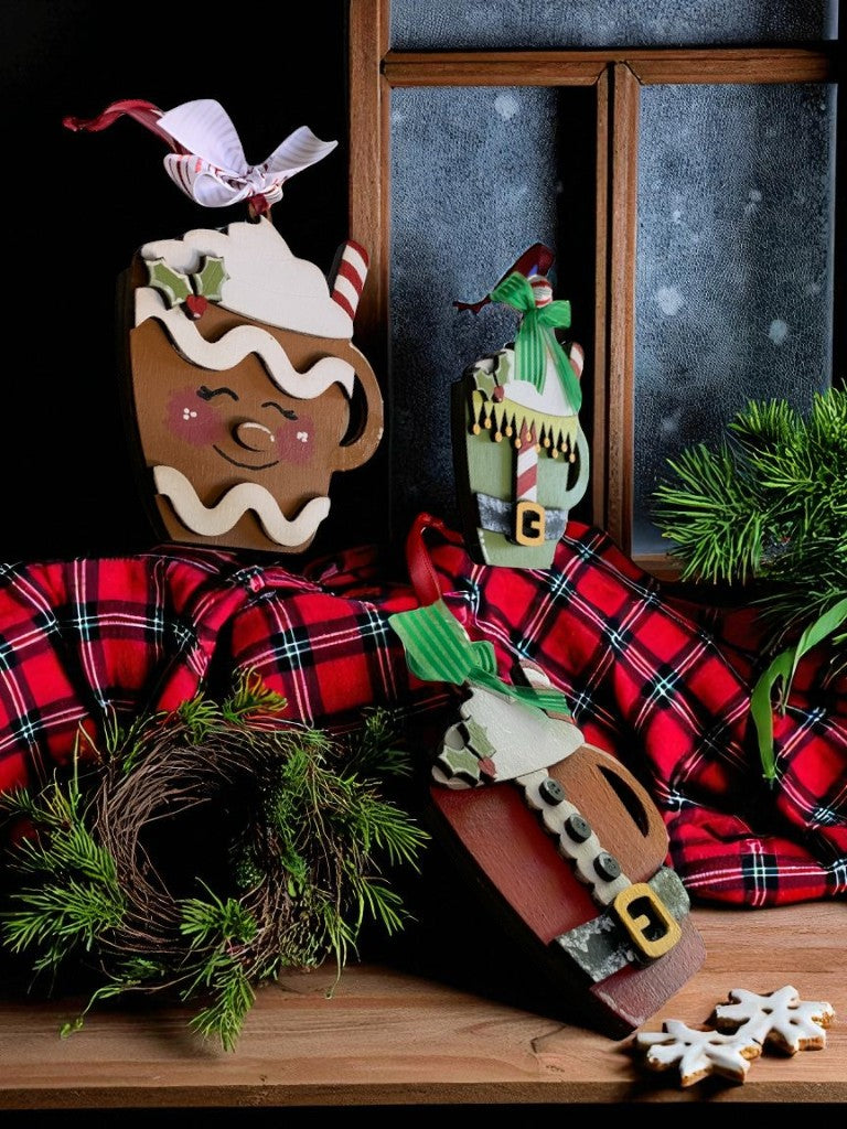 Holiday Mug Gift Card Holders – Santa, Elf, & Gingerbread Wooden Ornaments