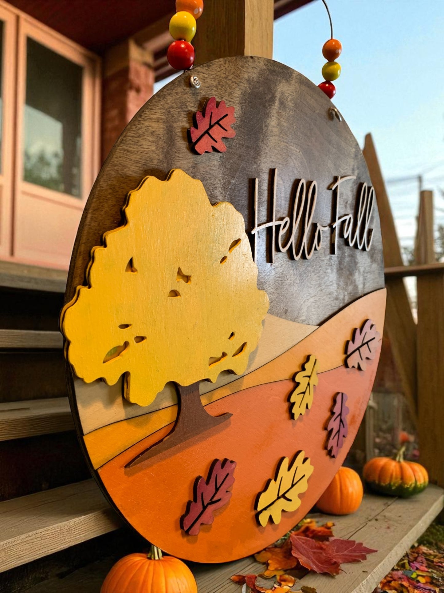 Hello Fall Wooden Sign with Tree and Leaves – Handcrafted Autumn Wall Décor – Rustic Fall Porch Accent