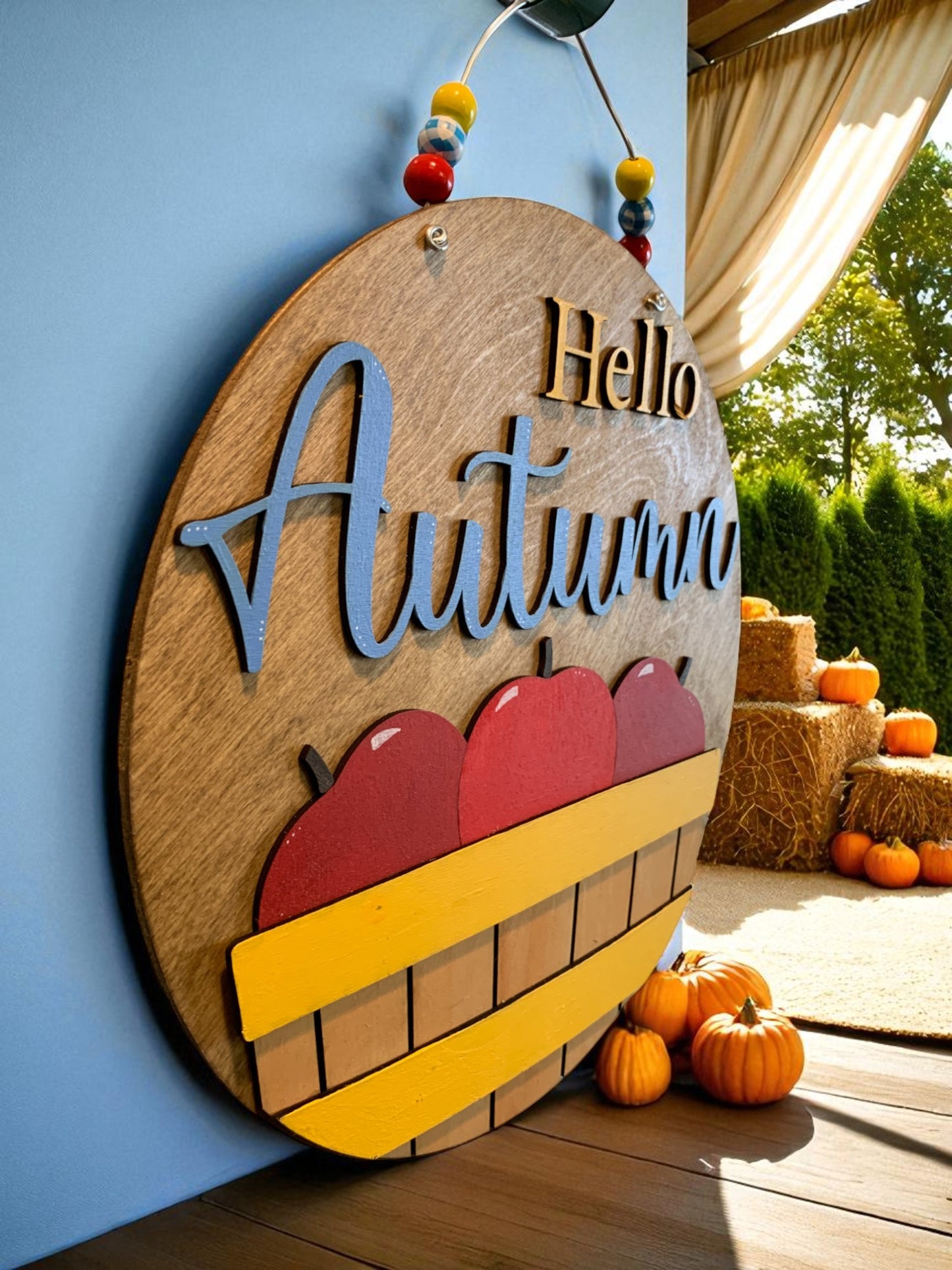 Hello Autumn Wooden Sign – Rustic Apple Basket Fall Door Hanger – Handmade Farmhouse Front Porch Decor