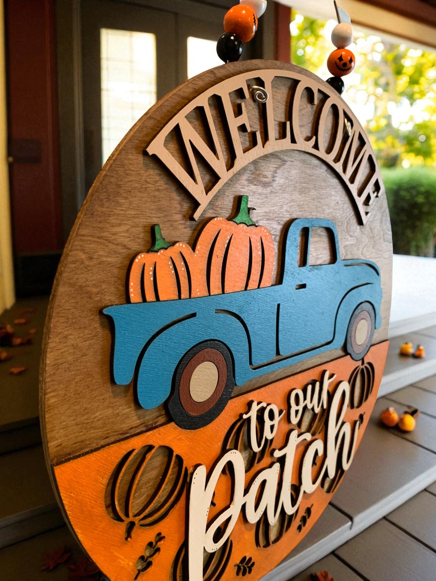 Welcome to Our Patch Fall Sign – Blue Truck Pumpkin Door Hanger – Rustic Farmhouse Wall Decor