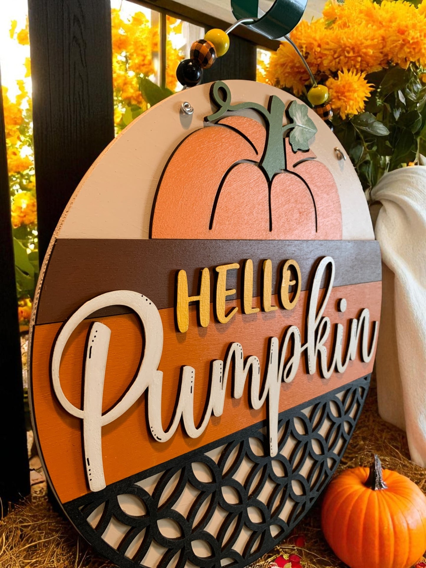 Hello Pumpkin Wooden Fall Sign – Rustic Autumn Front Door or Porch Décor