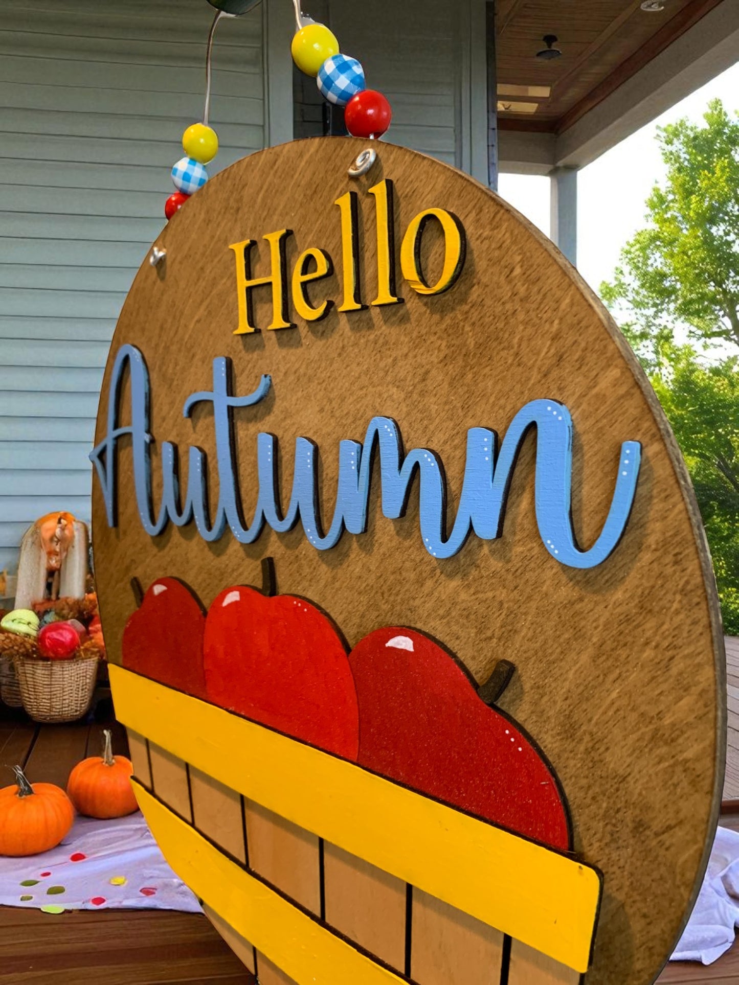 Hello Autumn Wooden Sign – Rustic Apple Basket Fall Door Hanger – Handmade Farmhouse Front Porch Decor