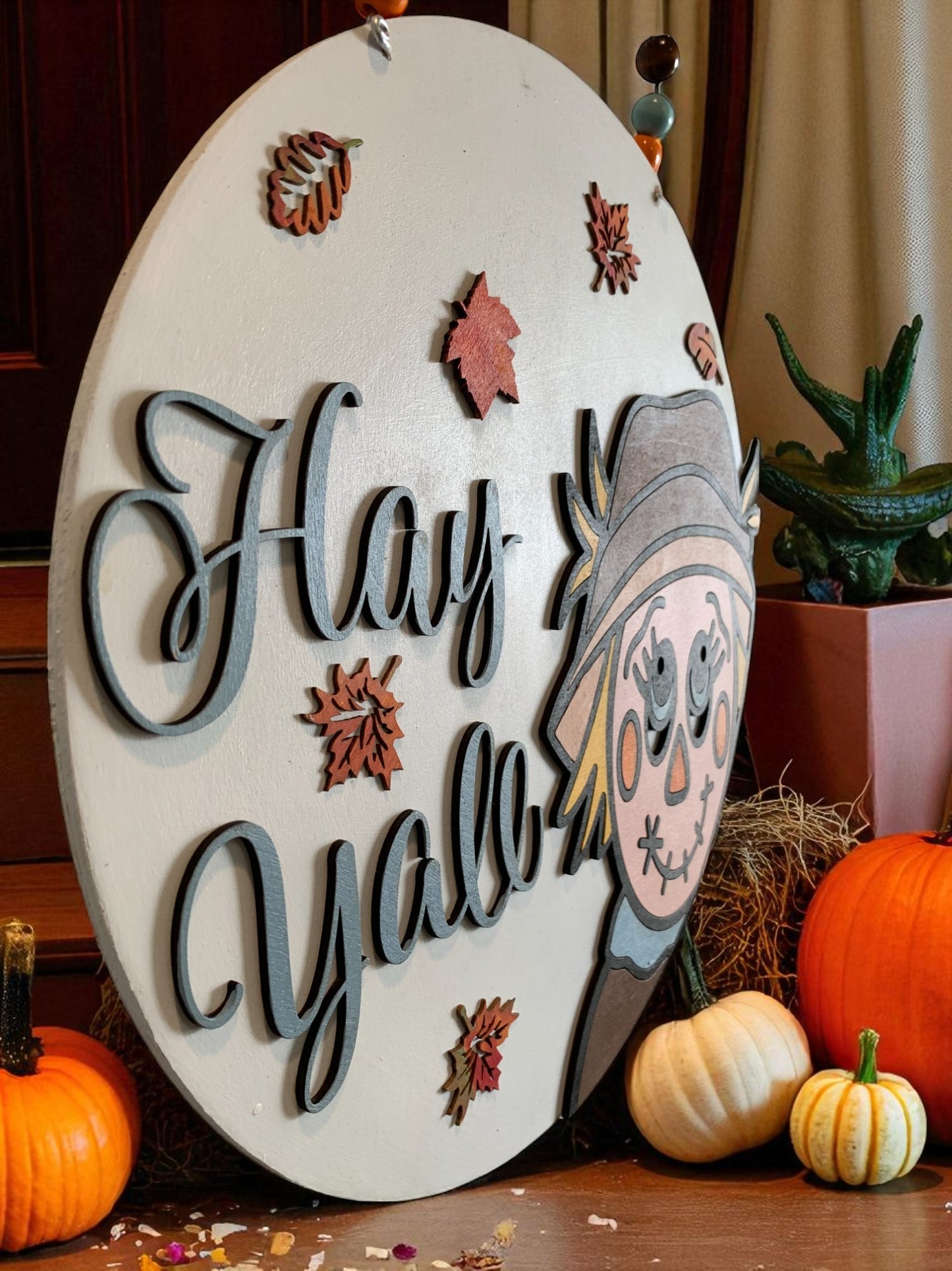 Hay Y’all Scarecrow Fall Door Hanger – Rustic Farmhouse Autumn Porch Sign