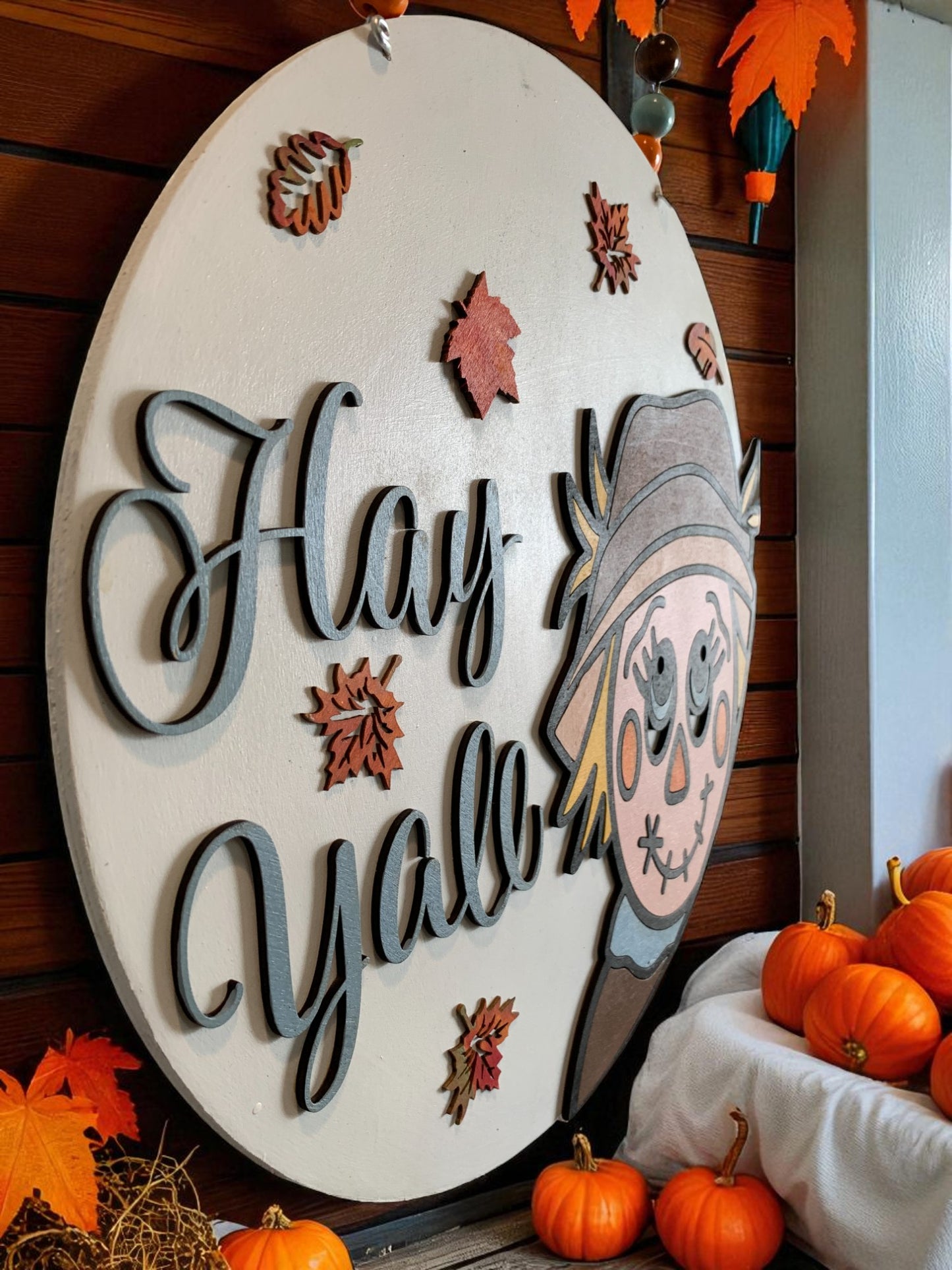 Hay Y’all Scarecrow Fall Door Hanger – Rustic Farmhouse Autumn Porch Sign