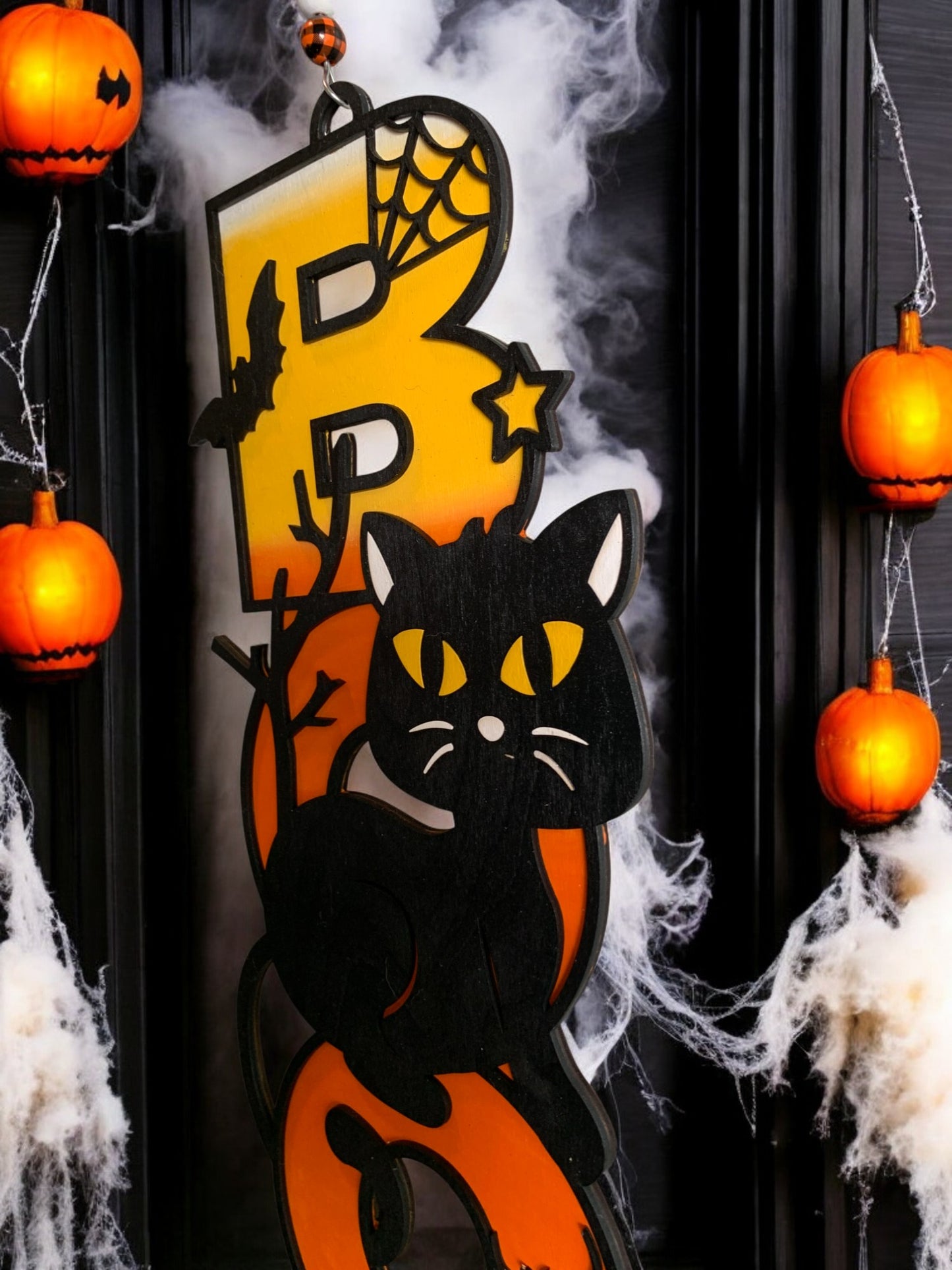 Halloween Black Cat BOO Sign – Wooden Spooky Door Hanger – Handmade Fall Porch & Wall Decor