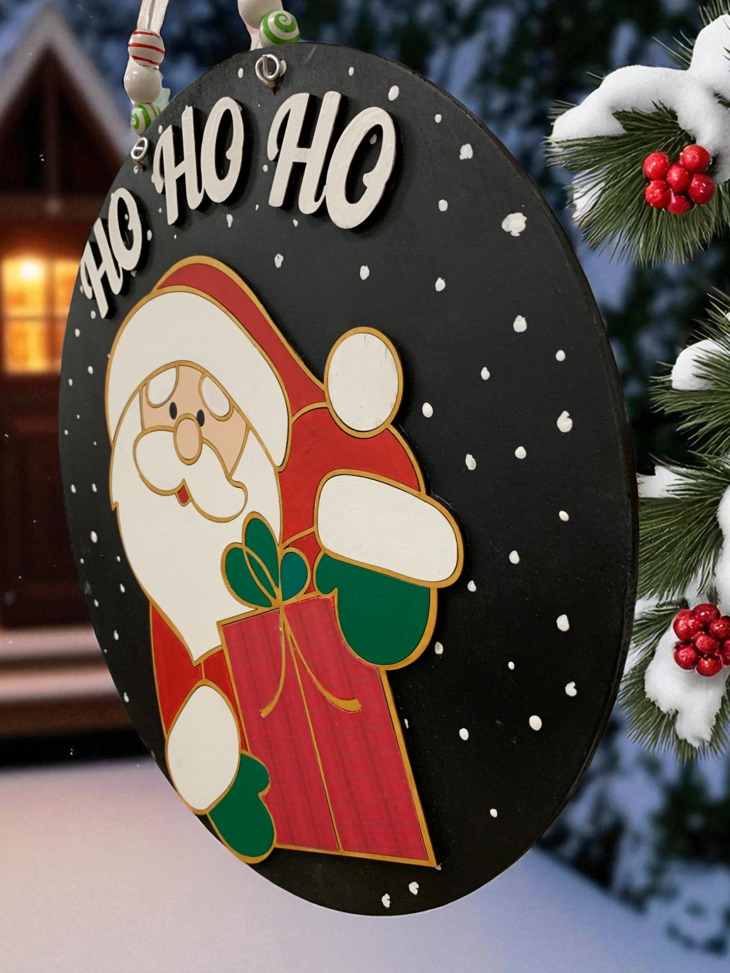 Santa “Ho Ho Ho” Christmas Door Sign – Handmade Round Holiday Sign with Gift Bag & Snowflakes
