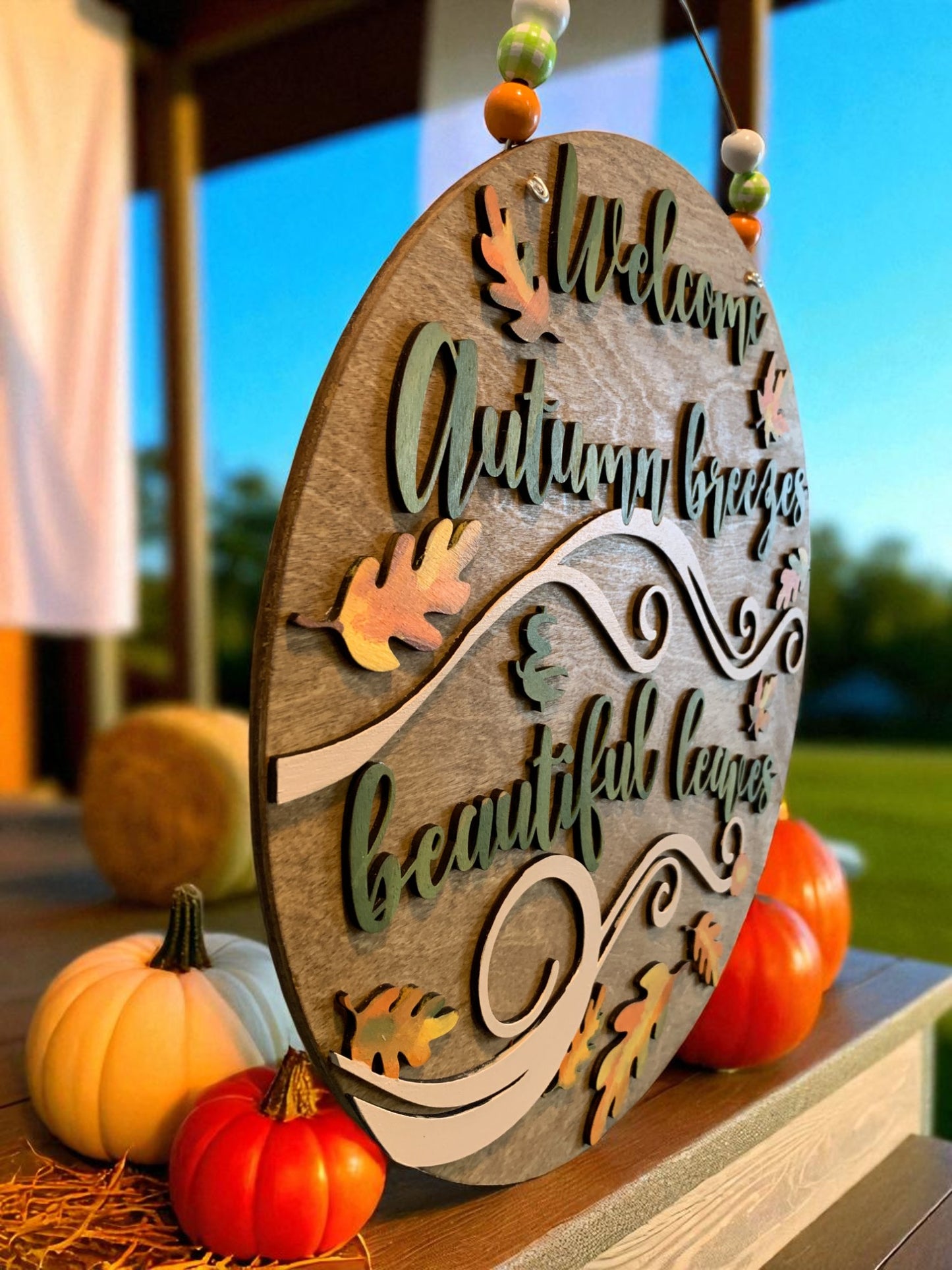 Welcome Autumn Breezes Wooden Fall Sign – Handcrafted Leaf Wall Décor – Rustic Seasonal Home Accent