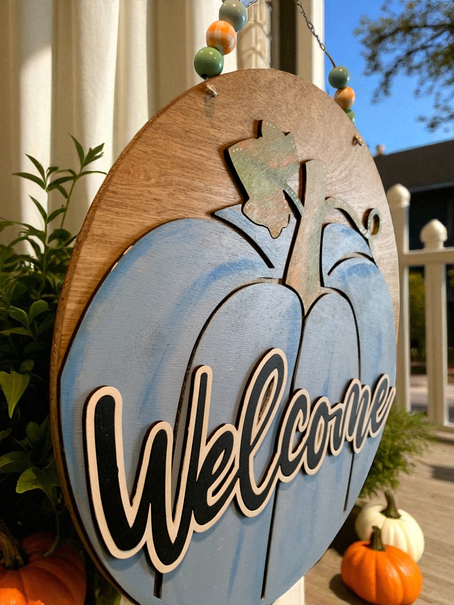 Welcome Pumpkin Wooden Sign – Rustic Fall Door Hanger – Handmade Autumn Porch Deco