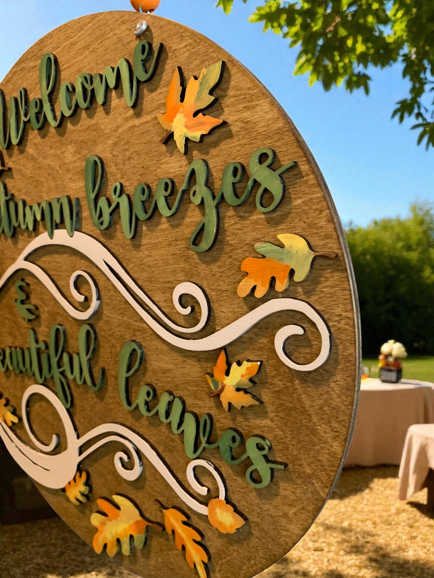 Welcome Autumn Breezes Wooden Fall Sign – Handcrafted Leaf Wall Décor – Rustic Seasonal Home Accent