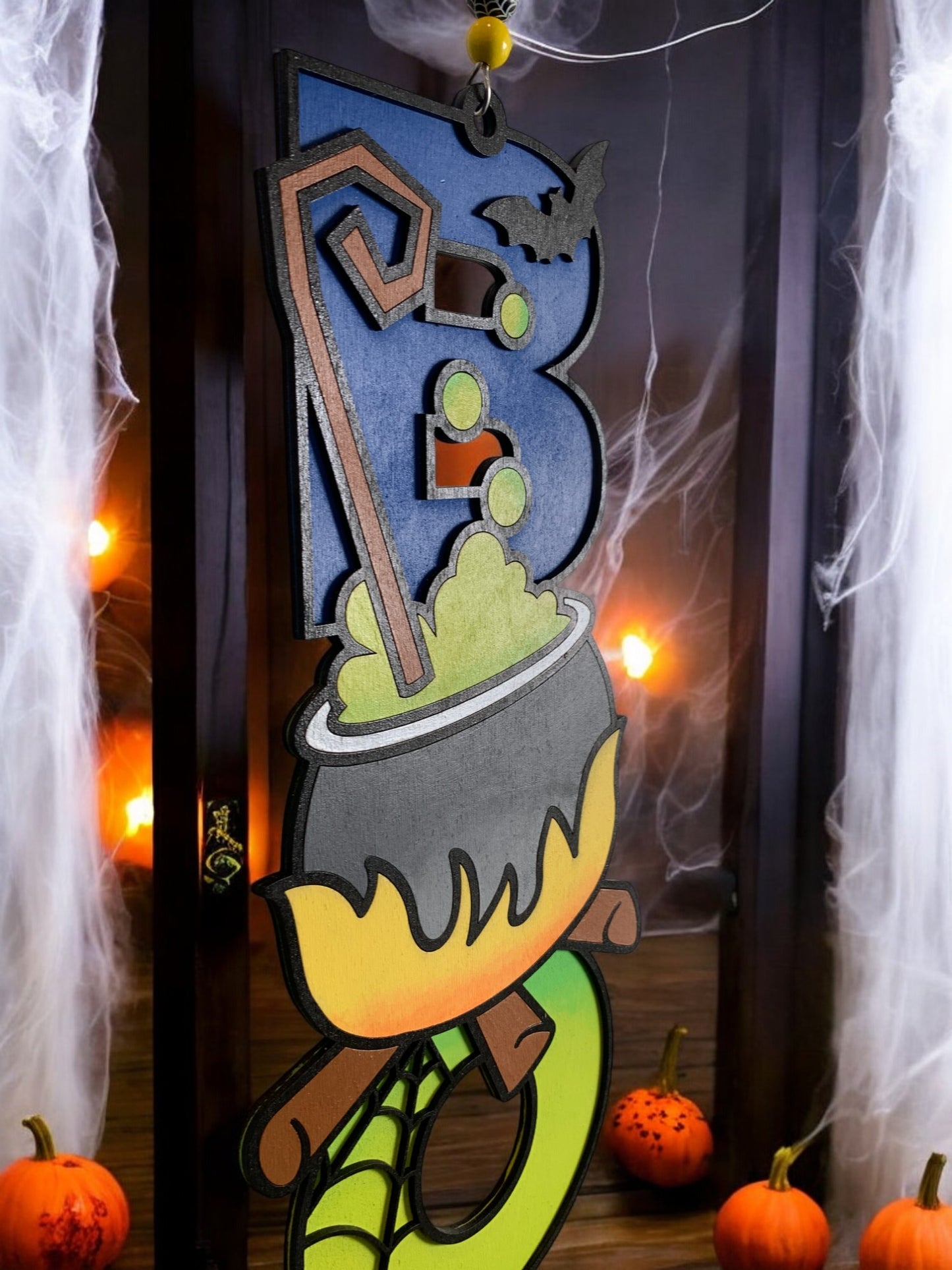 Halloween Cauldron BOO Sign – Wooden Witch Potion Door Hanger – Handmade Spooky Fall Decor