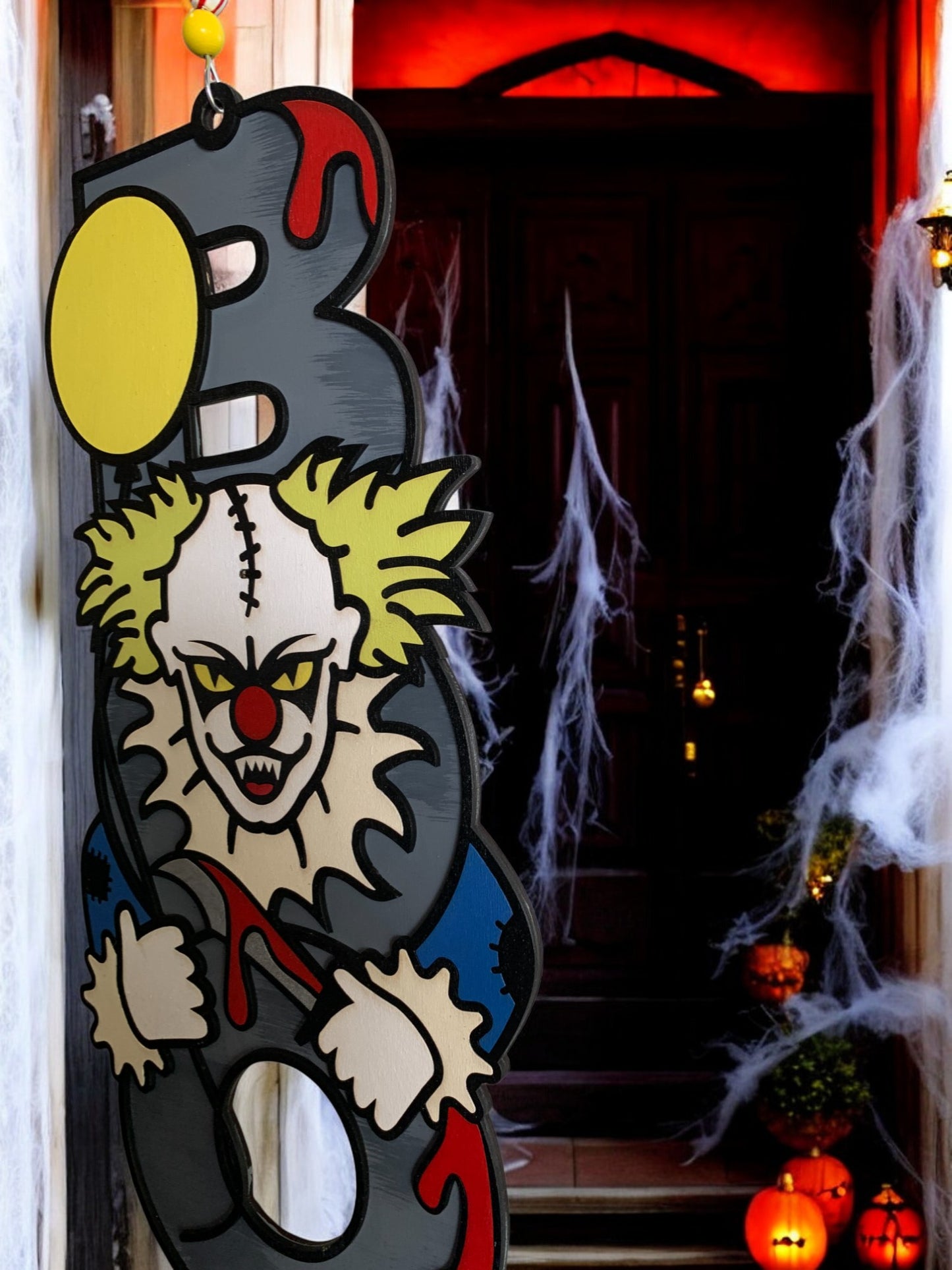 Creepy Clown BOO Sign – Wooden Halloween Door Hanger – Handmade Horror Porch & Wall Decor