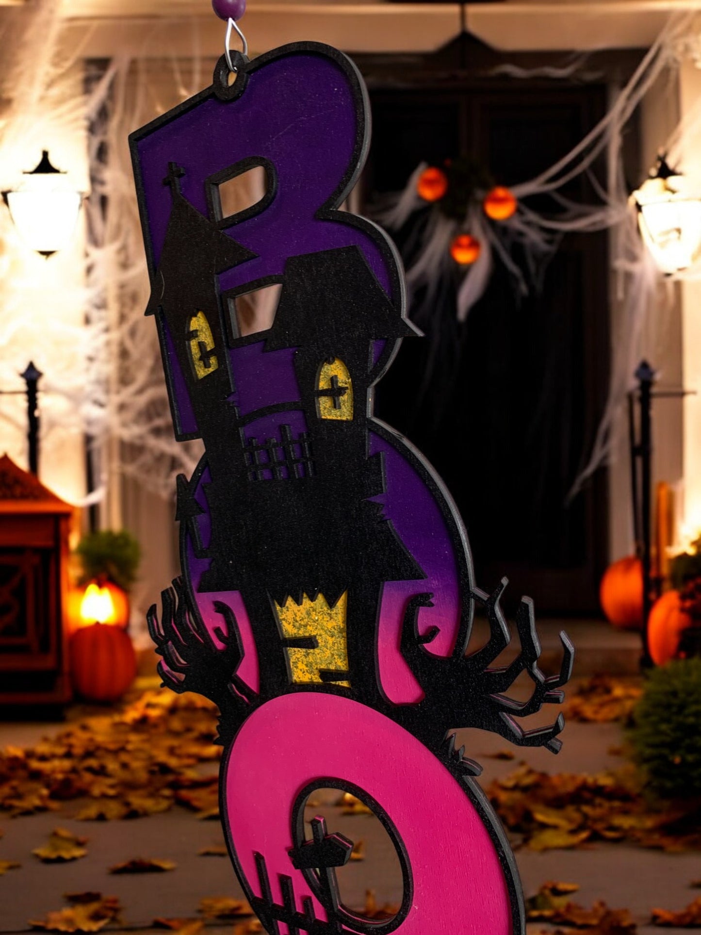 Haunted House BOO Sign – Wooden Halloween Door Hanger – Handmade Spooky Porch & Wall Décor