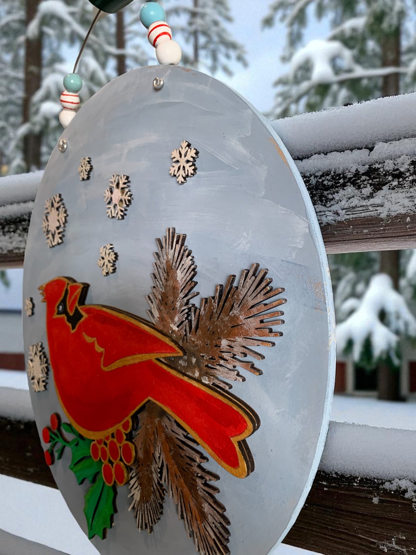 Handmade Winter Cardinal Sign – Rustic Christmas Wall Decor with Snowflakes