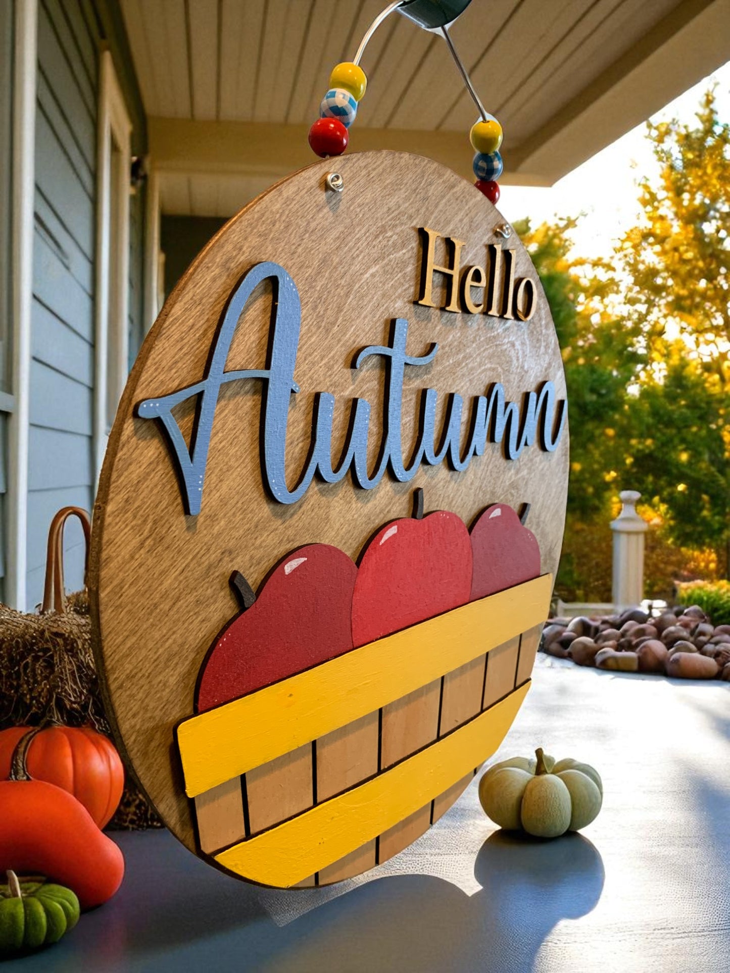 Hello Autumn Wooden Sign – Rustic Apple Basket Fall Door Hanger – Handmade Farmhouse Front Porch Decor