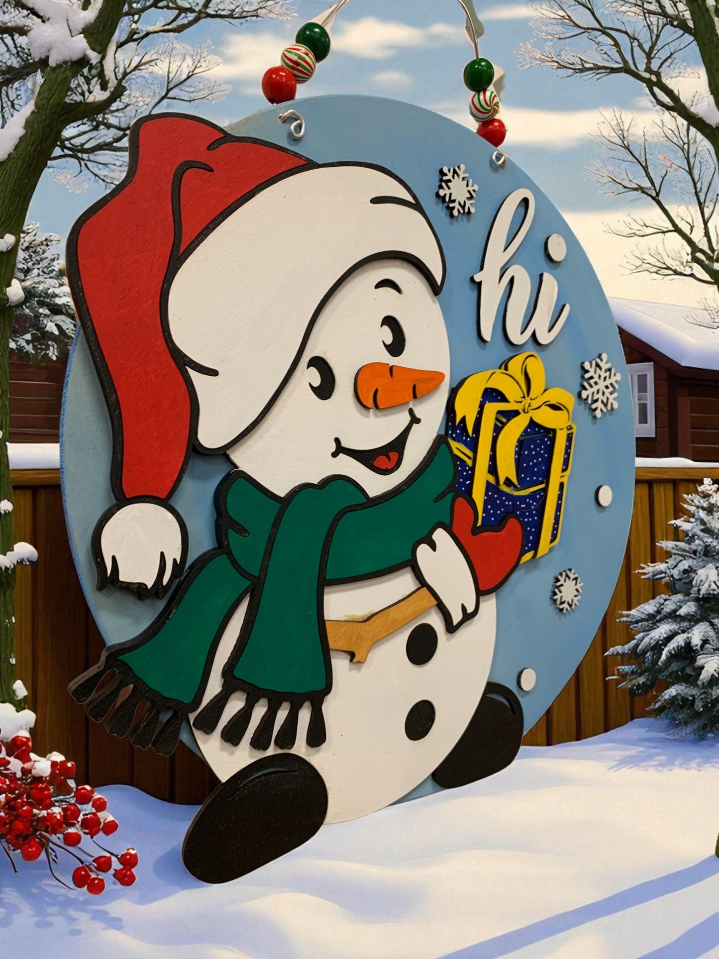 Handmade Snowman Welcome Sign – Festive Christmas Door Decor with Gift and Snowflakes