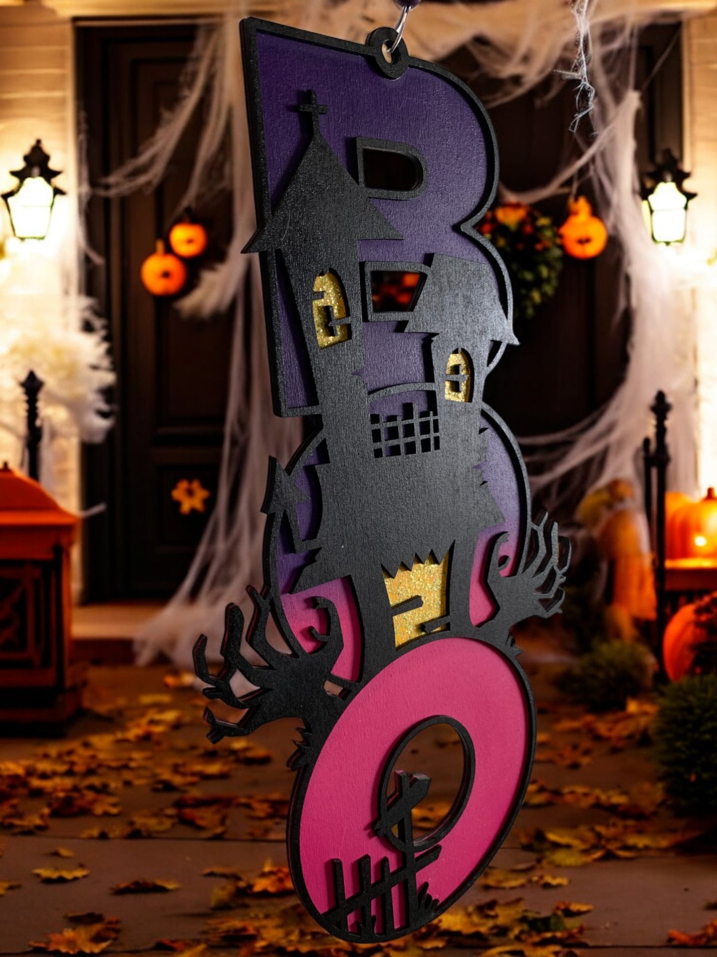 Haunted House BOO Sign – Wooden Halloween Door Hanger – Handmade Spooky Porch & Wall Décor