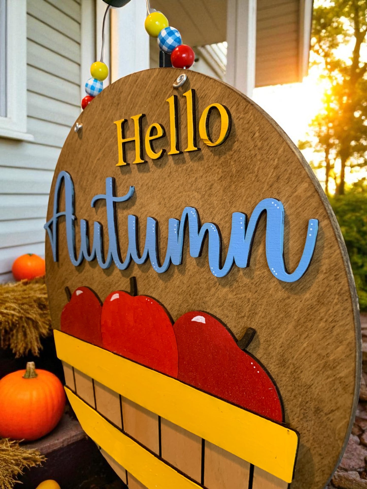 Hello Autumn Wooden Sign – Rustic Apple Basket Fall Door Hanger – Handmade Farmhouse Front Porch Decor