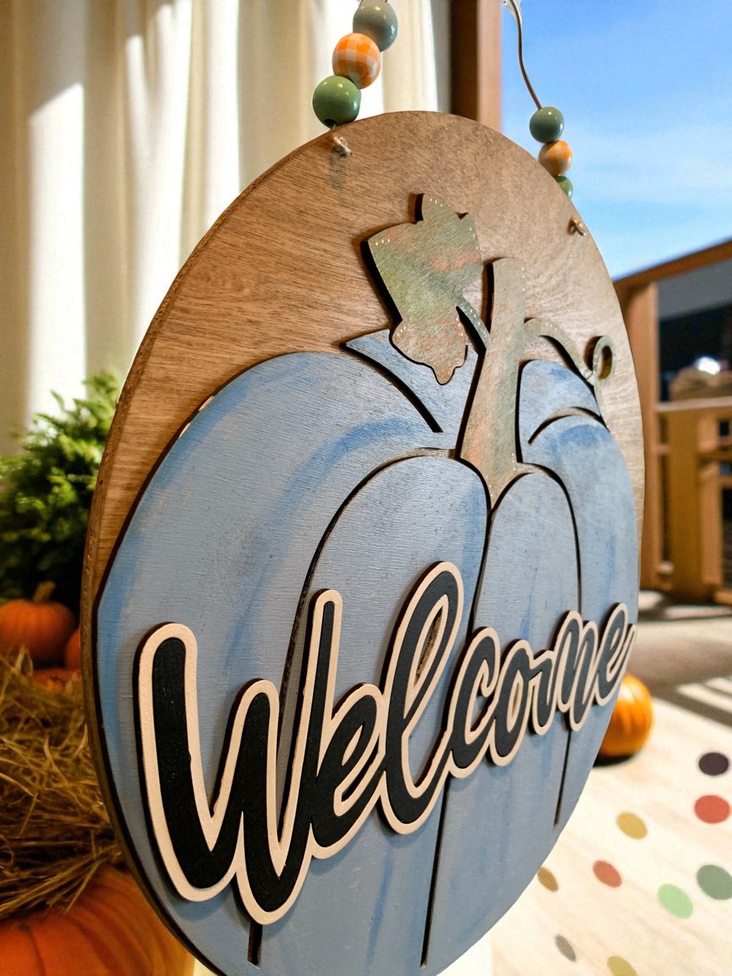 Welcome Pumpkin Wooden Sign – Rustic Fall Door Hanger – Handmade Autumn Porch Deco