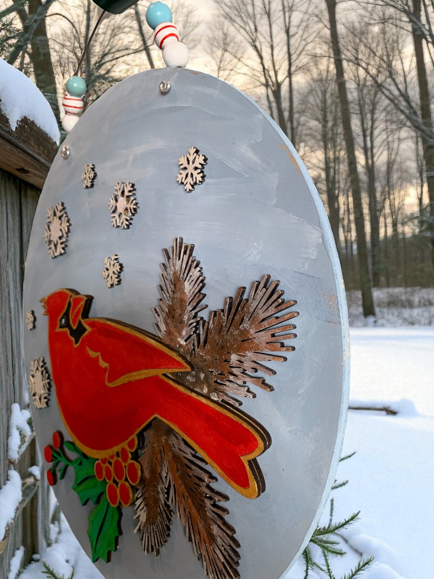 Handmade Winter Cardinal Sign – Rustic Christmas Wall Decor with Snowflakes