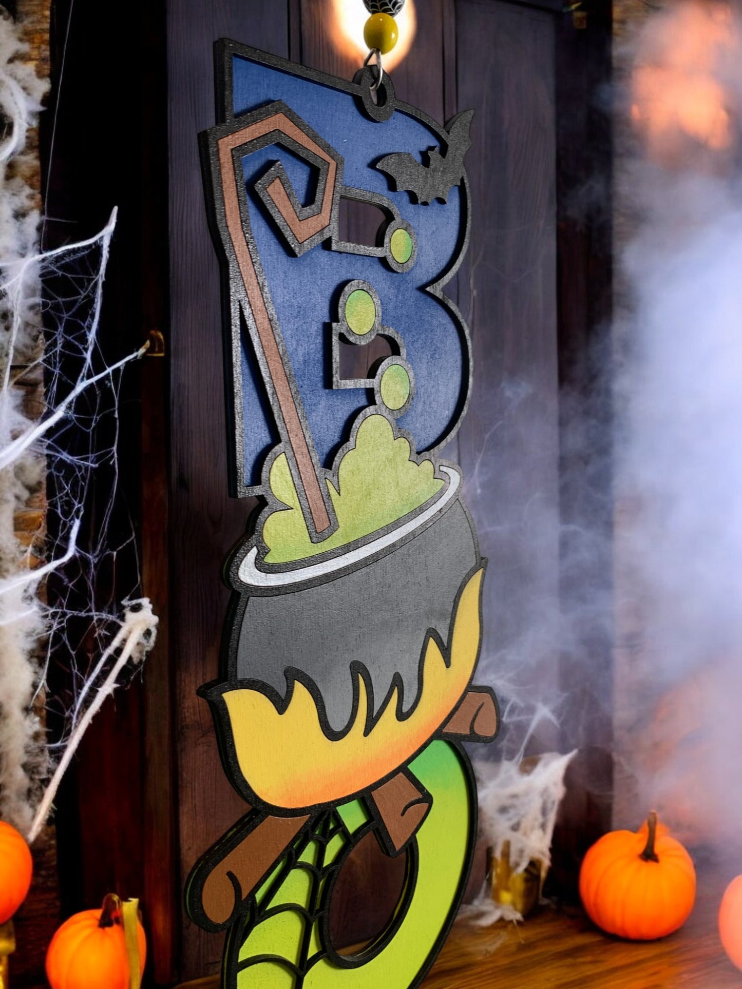 Halloween Cauldron BOO Sign – Wooden Witch Potion Door Hanger – Handmade Spooky Fall Decor