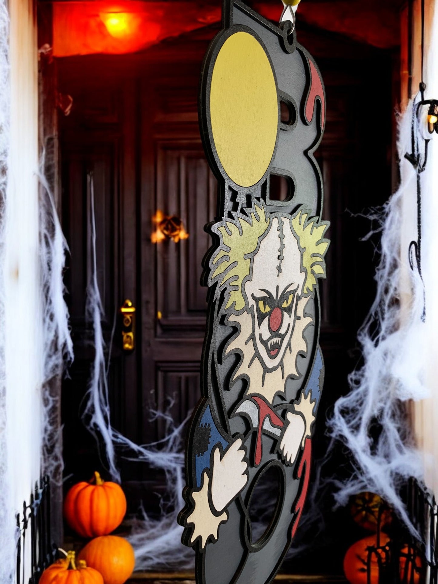 Creepy Clown BOO Sign – Wooden Halloween Door Hanger – Handmade Horror Porch & Wall Decor