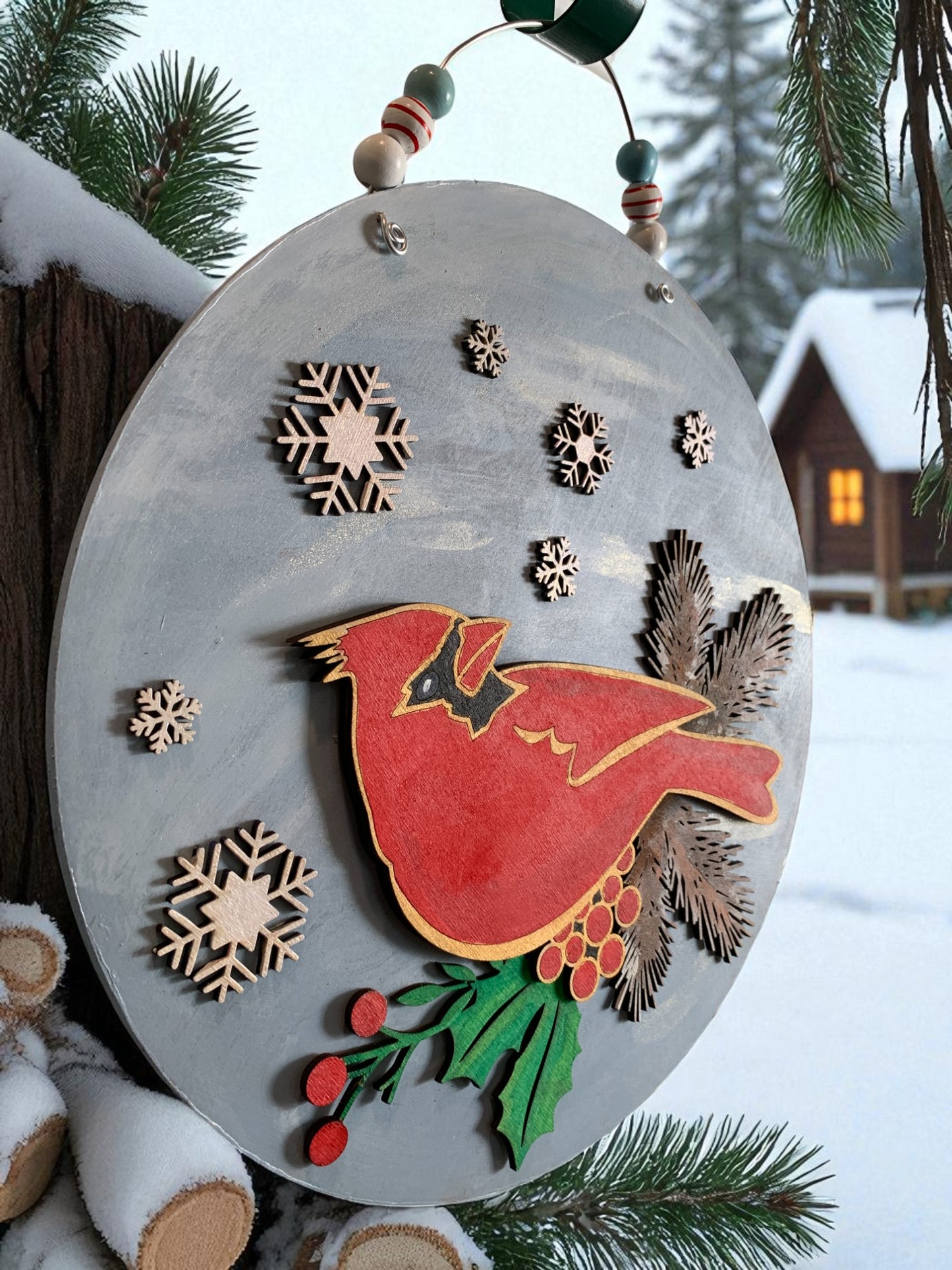 Handmade Winter Cardinal Sign – Rustic Christmas Wall Decor with Snowflakes