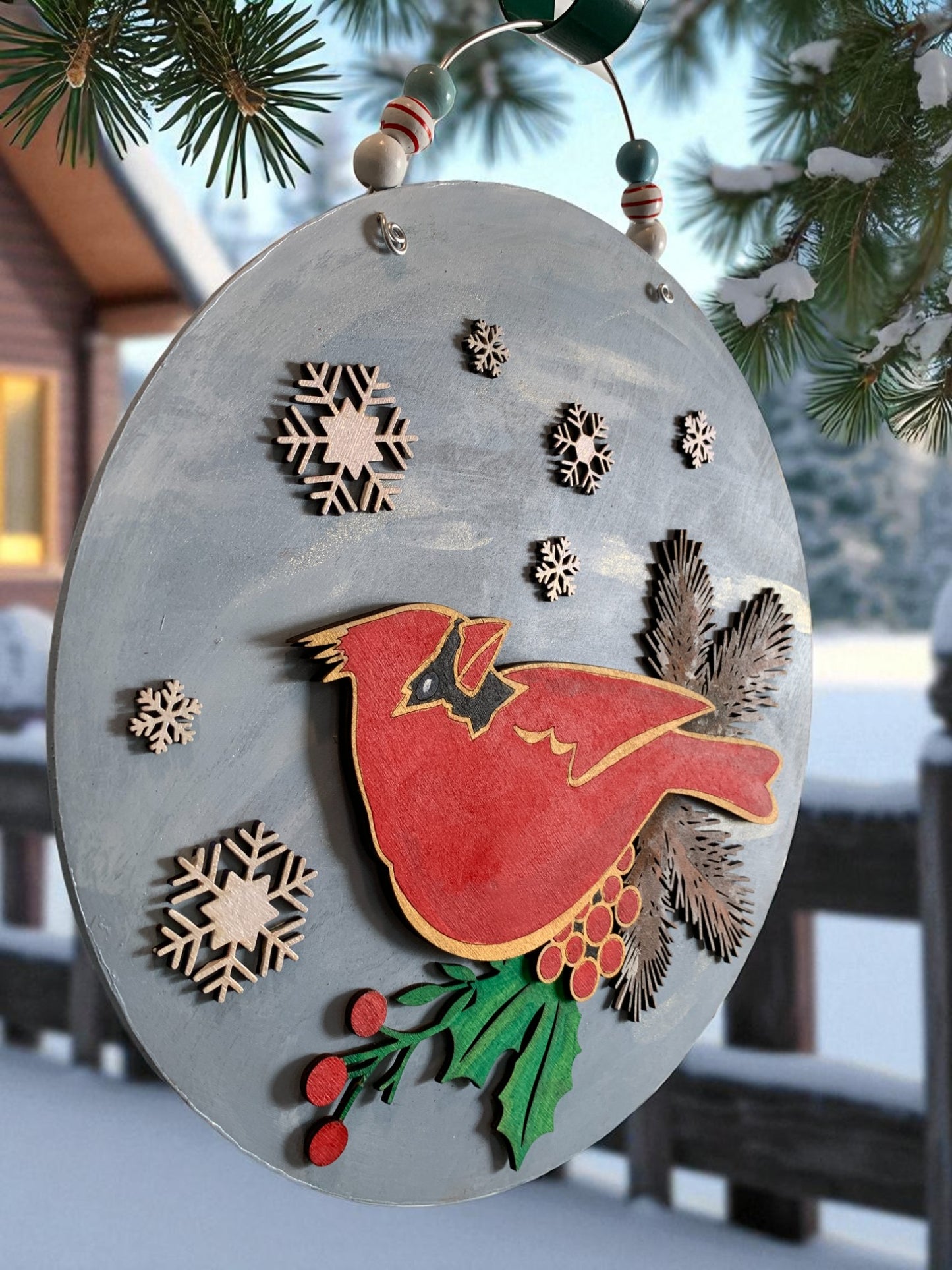 Handmade Winter Cardinal Sign – Rustic Christmas Wall Decor with Snowflakes